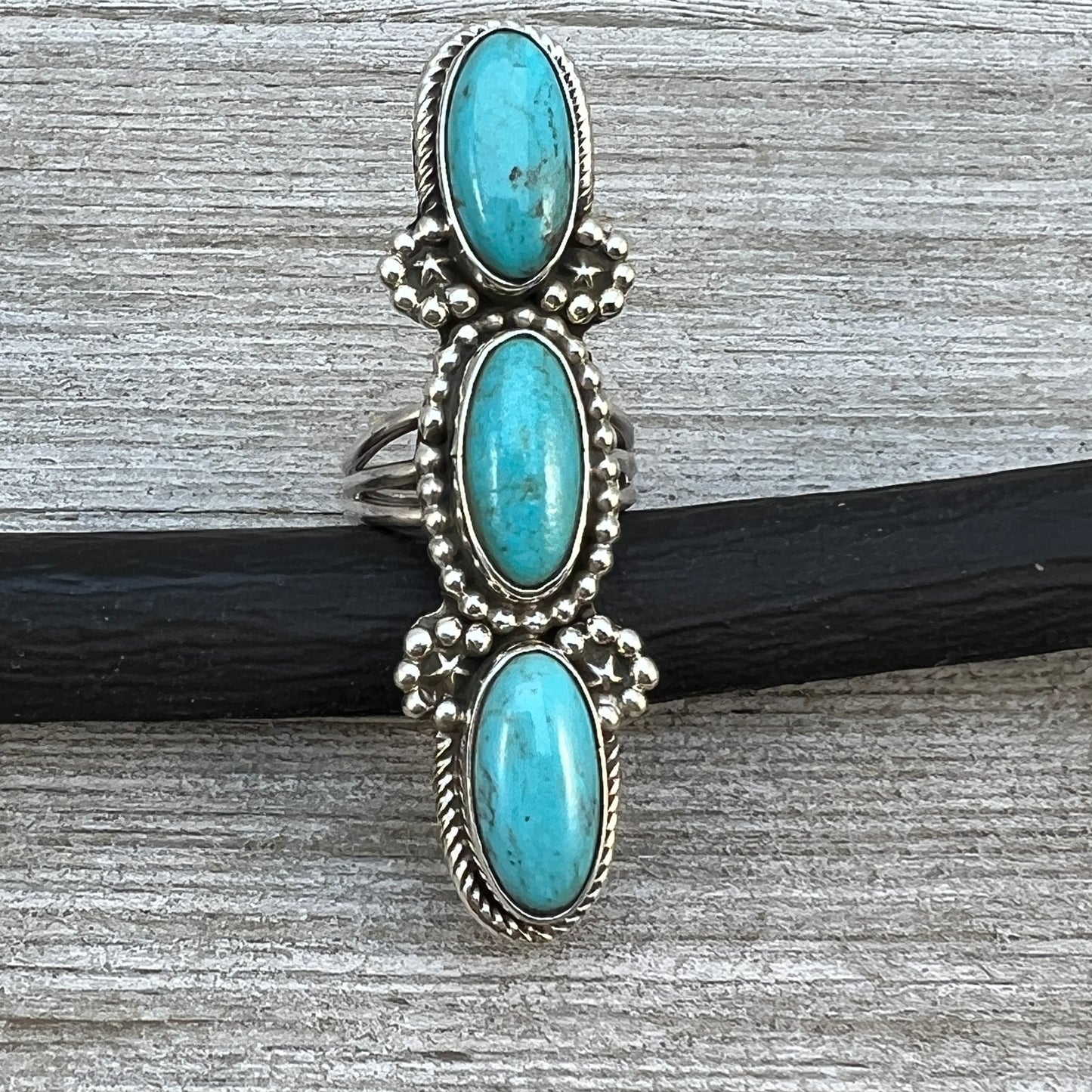 Size 6 Blue Campitos turquoise sterling silver long pointer ring Harold Becenti 491