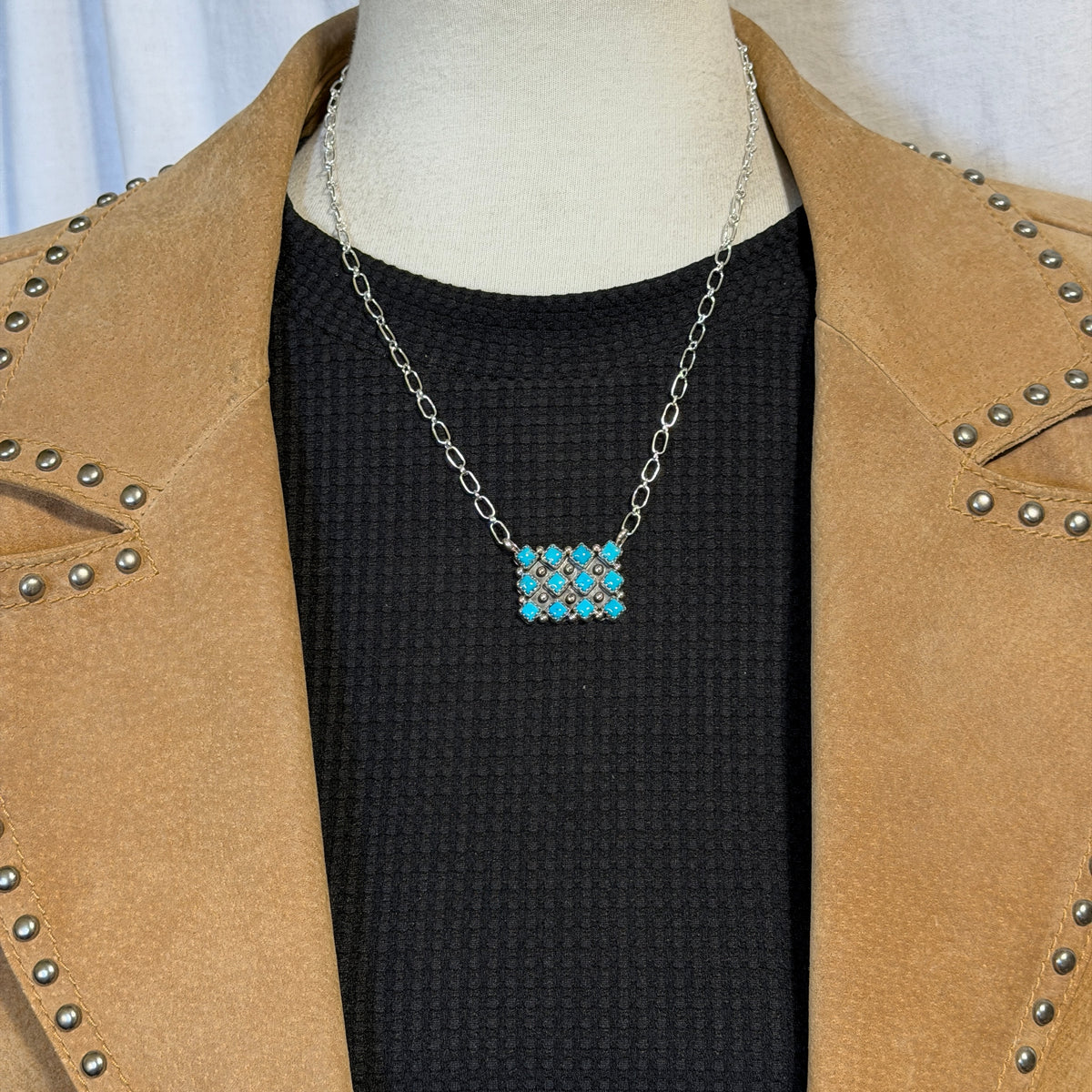 18 1/2" Turquoise Square Station Necklace Navajo Sterling Silver Verley Betone 1