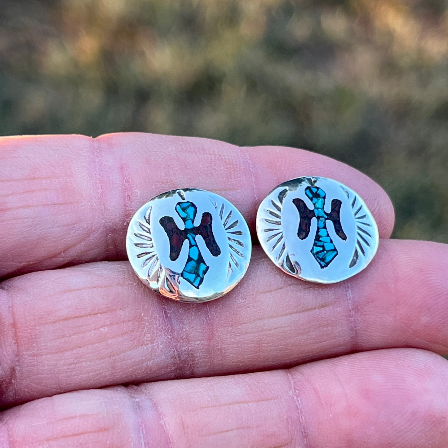 Turquoise Chip inlay Peyote bird small concho earrings Sterling silver Sally Shurley