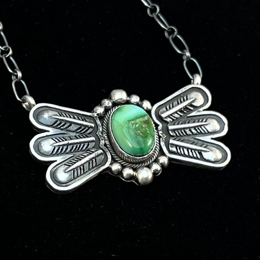 17 1/2"Sonoran Turquoise Necklace Feather sterling silver Navajo Verley Betone boho