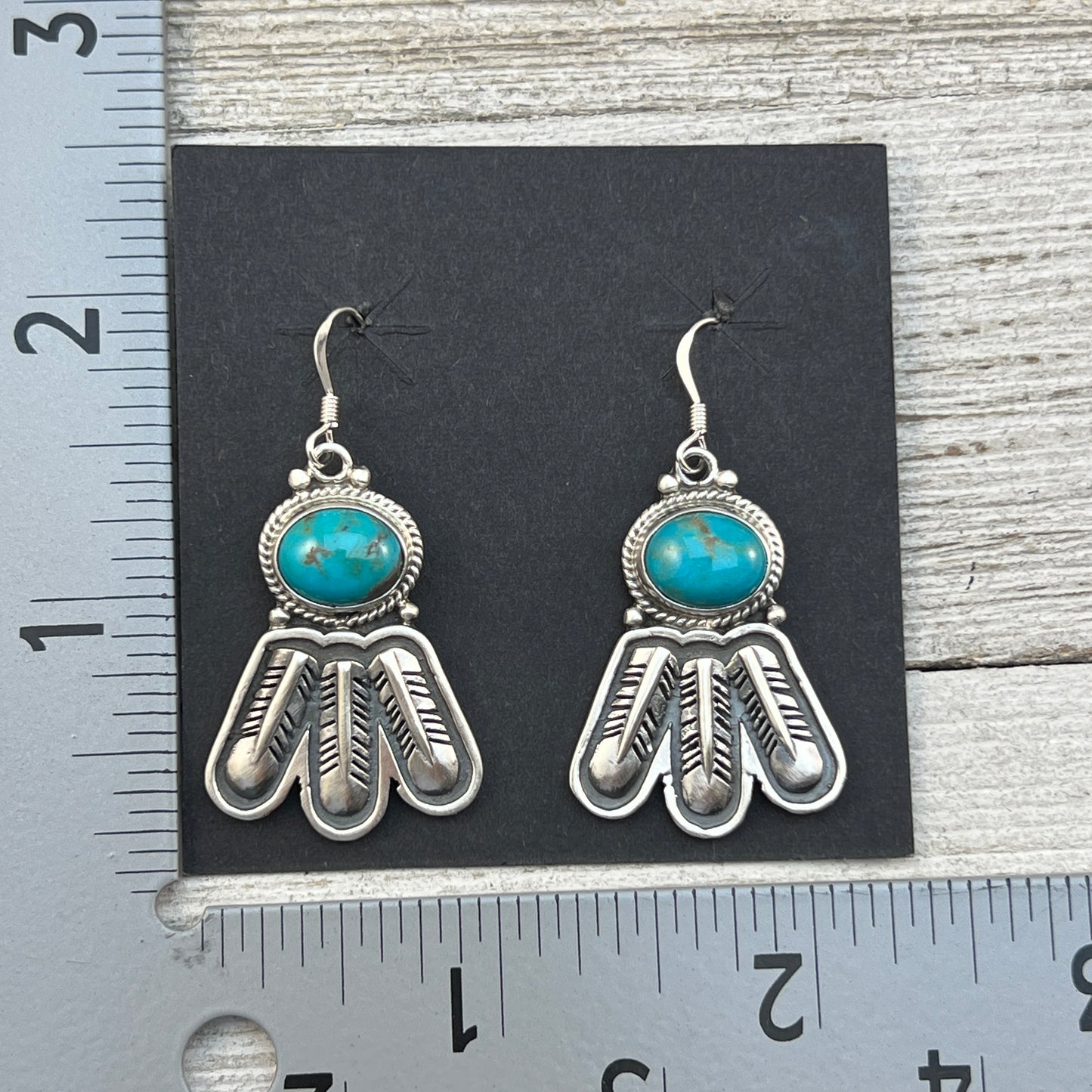 Turquoise feather dangle earrings sterling silver Navajo Sharon McCarthy 454