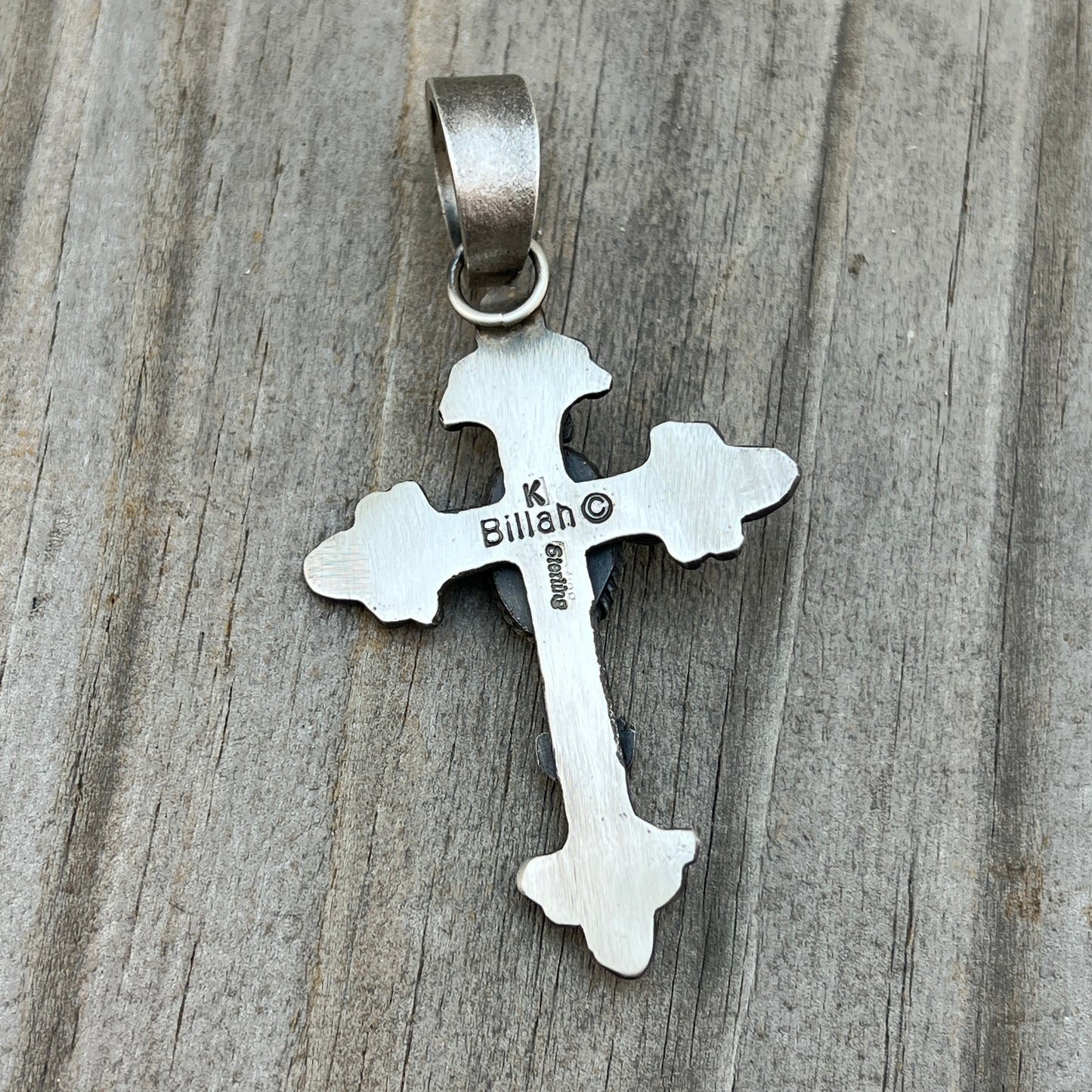 Kingman turquoise ornate cross pendant sterling silver Kevin Billah Navajo 808