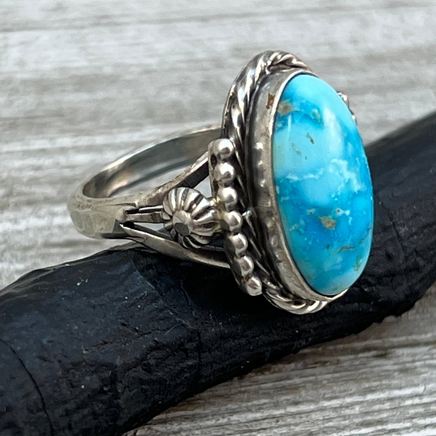 Size 7.5 Blue Kingman Turquoise Sterling Silver Ring Samuel Yellowhair Navajo