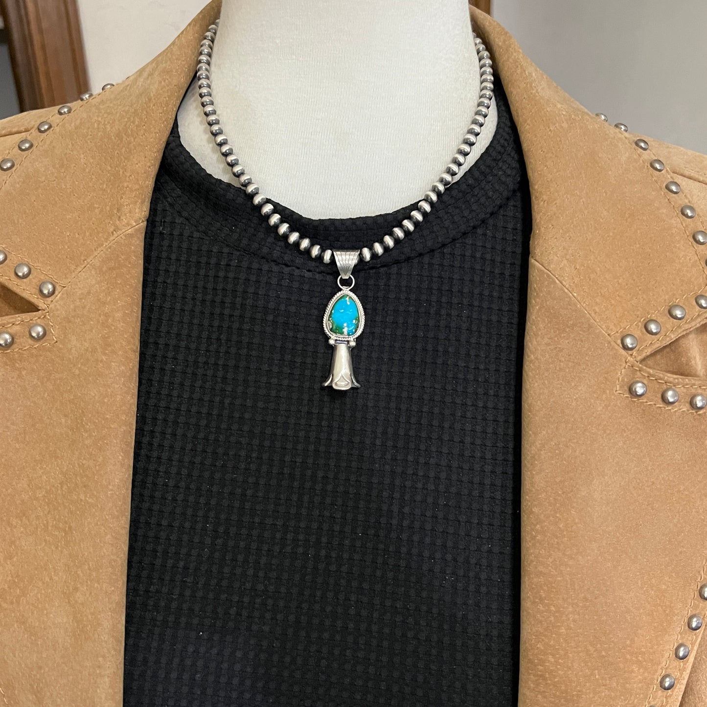 16" sterling silver Sonoran Gold Turquoise squash blossom necklace 5mm beads