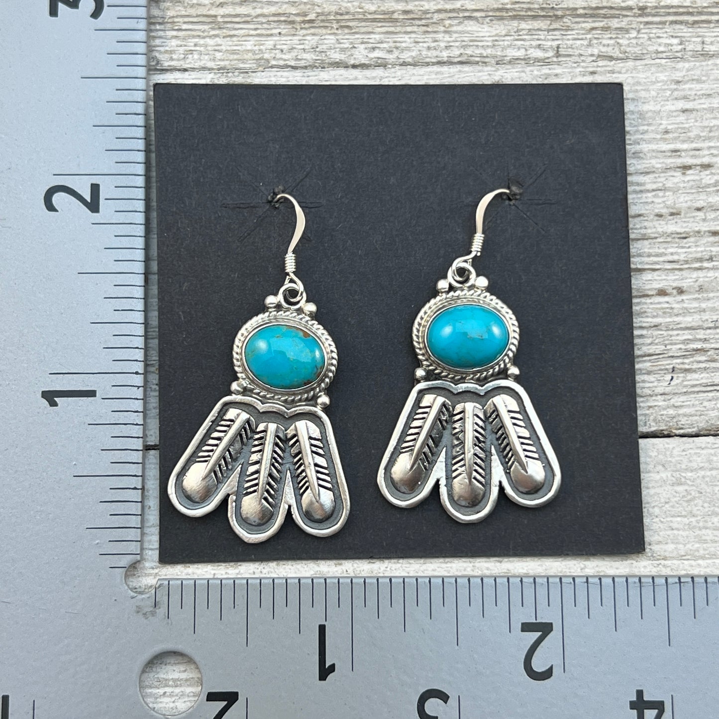 Turquoise feather dangle earrings sterling silver Navajo Sharon McCarthy 453