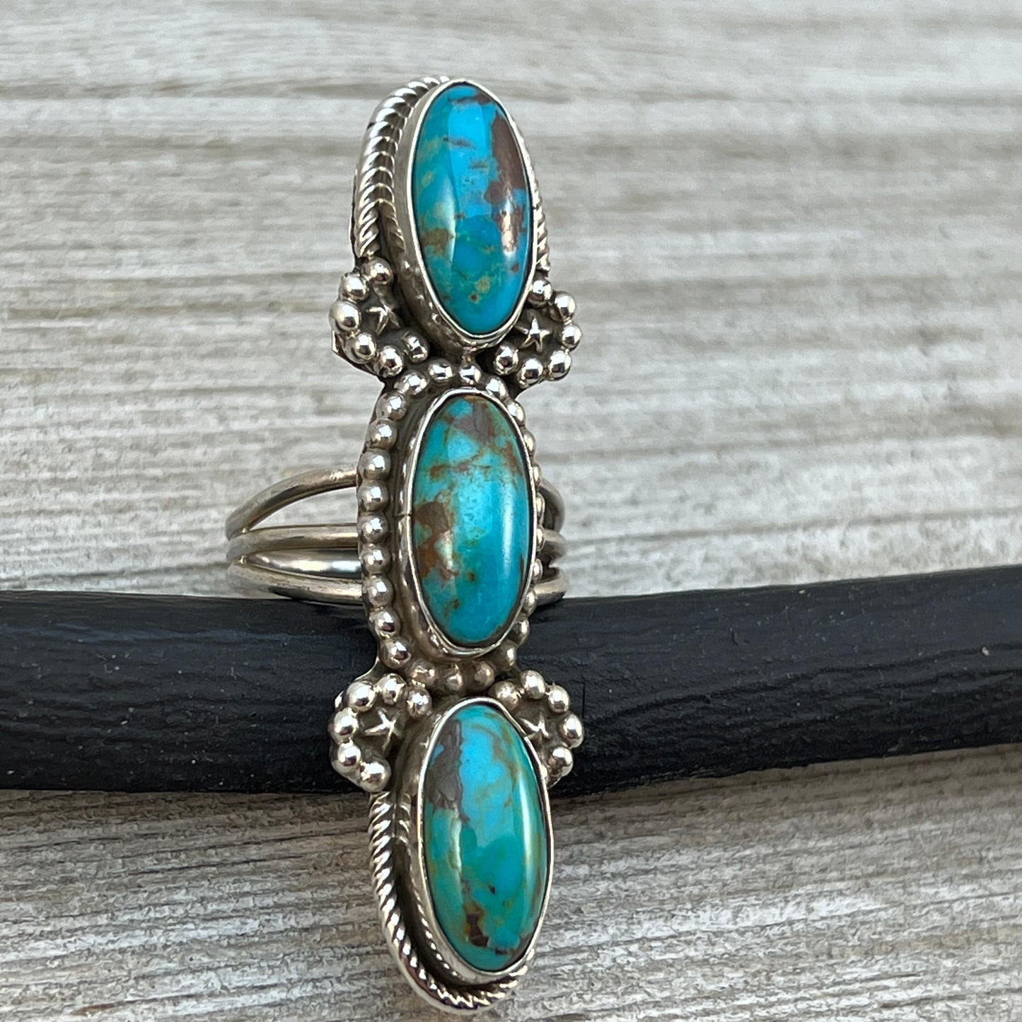 Size 10 Blue Campitos turquoise sterling silver long pointer ring Harold Becenti 492