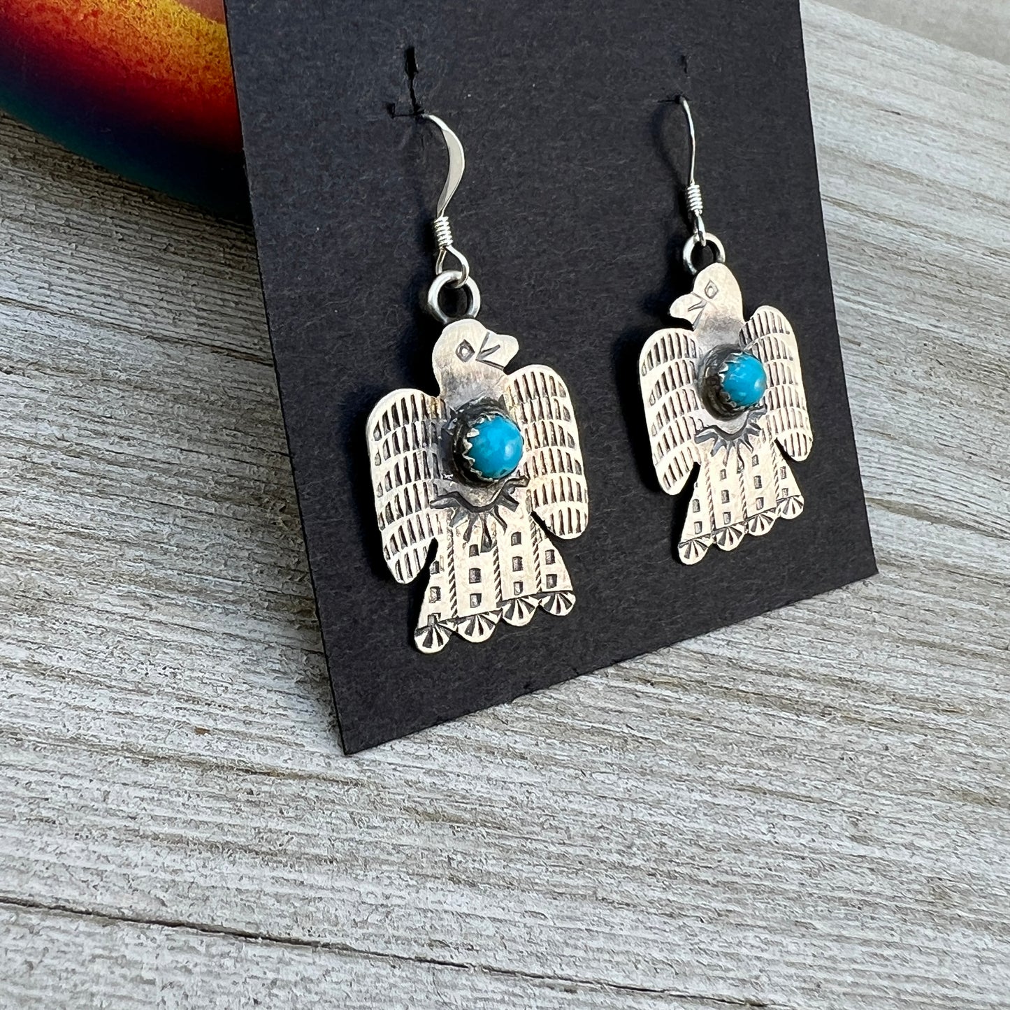 Lightweight rustic Thunderbird dangle earrings turquoise sterling silver Gabrielle Yazzie 4