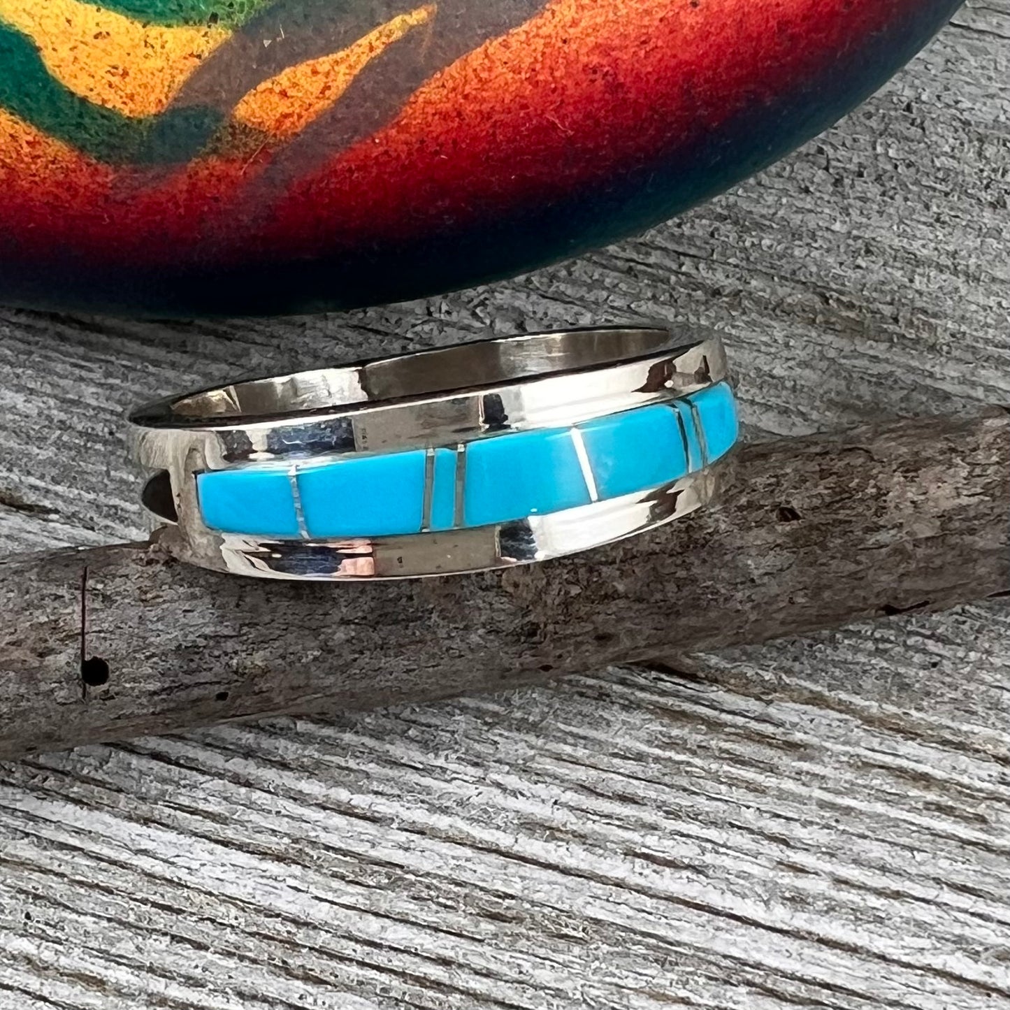 Narrow Kingman turquoise inlay band, Navajo handmade Wilbert Muskett, jr, sterling silver signed