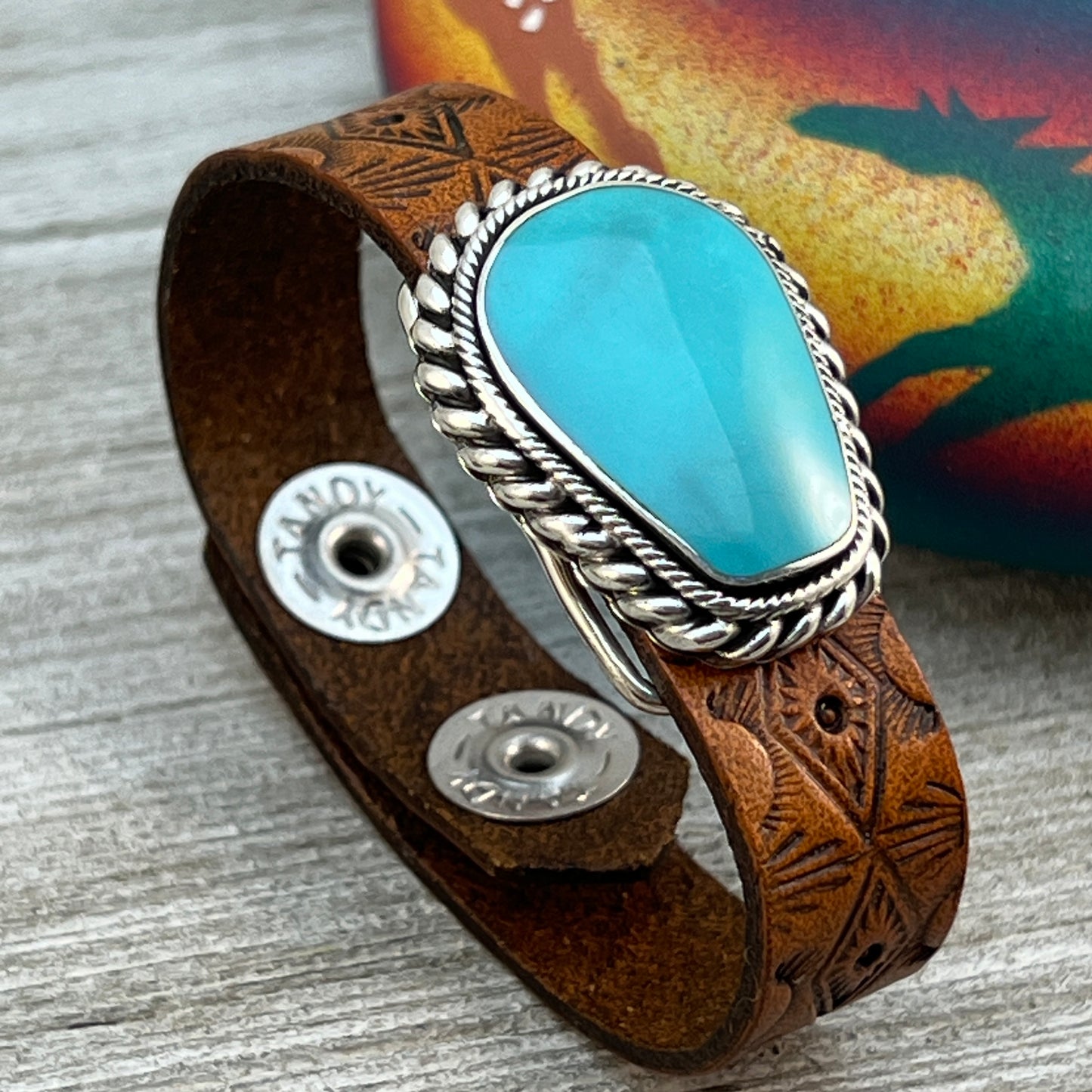Real Turquoise leather Sterling silver bracelet adjustable Navajo Mike Smith Size 6.25, 7