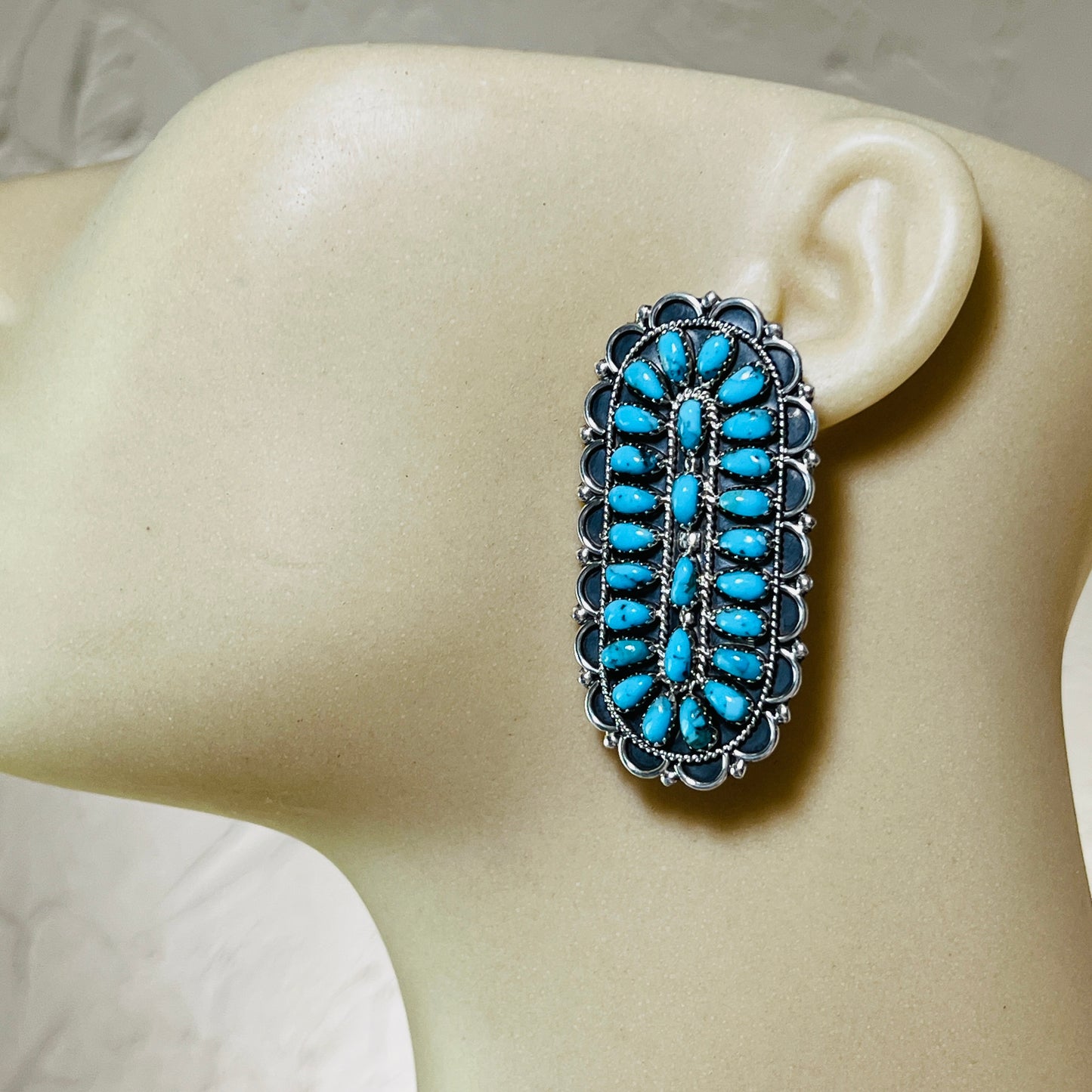 Turquoise Petit Point Large Oval Cluster Earrings Gerald Mitchell signed Sterling silver ER3
