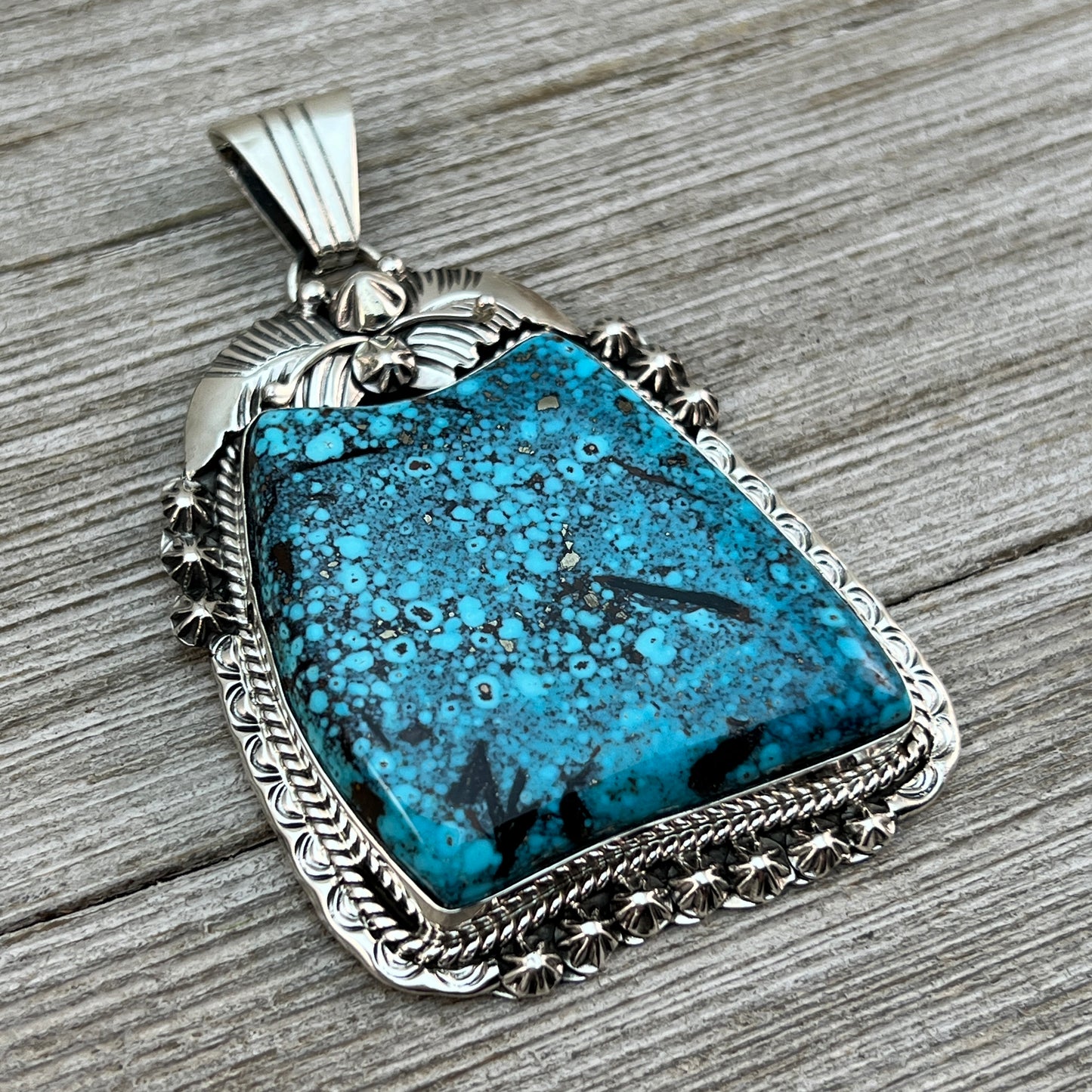 Blue Kingman Turquoise large Pendant Navajo Rita Long Sterling silver