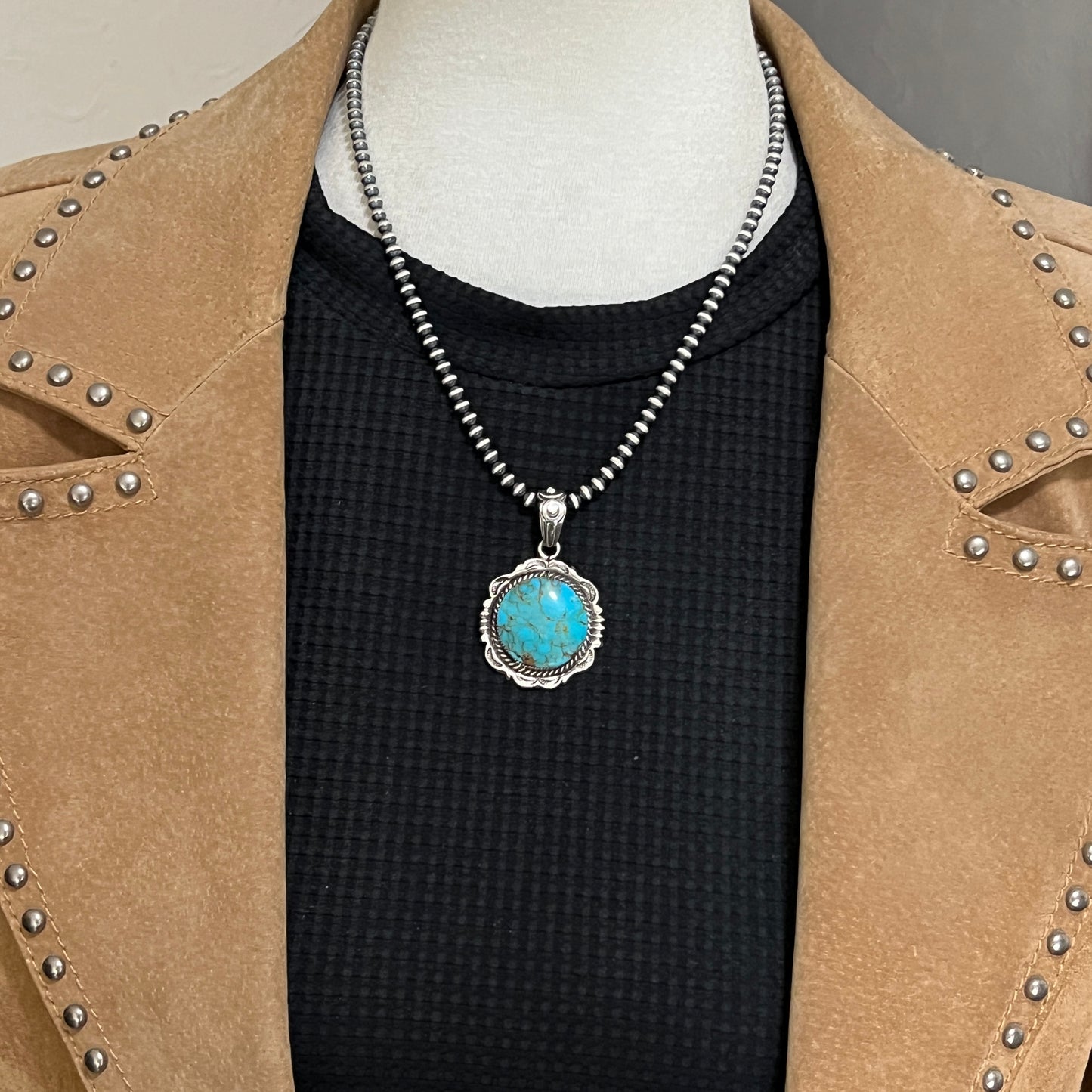 Kingman Turquoise Pendant Sterling silver Navajo handmade Jeremy Delgarito 556