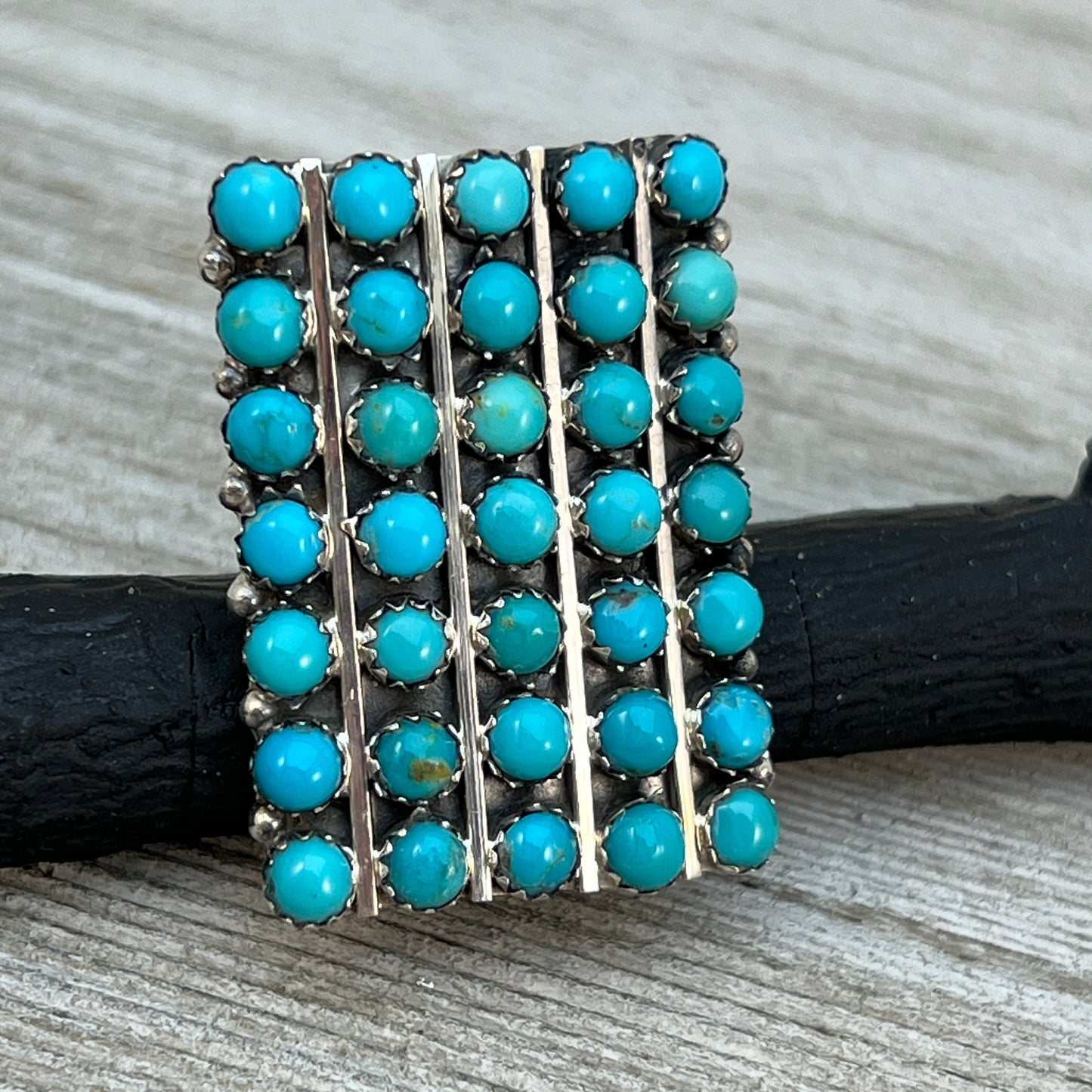 Size 7.75 Turquoise Zuni Snake Eye Dot Row Ring Kenny Lonjose Sterling Silver