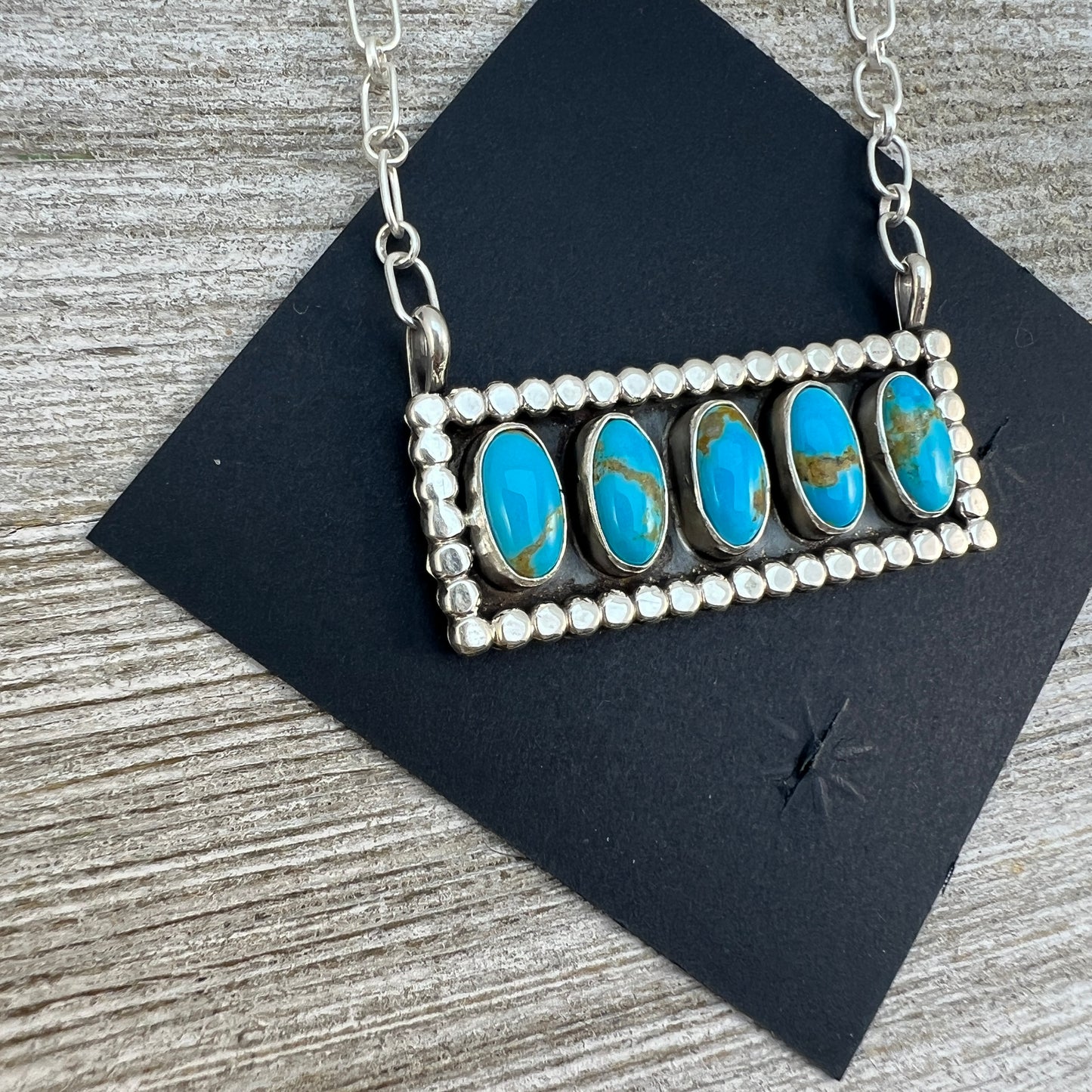 18" Blue Campitos turquoise rectangle bar necklace #6, Navajo handmade, sterling silver