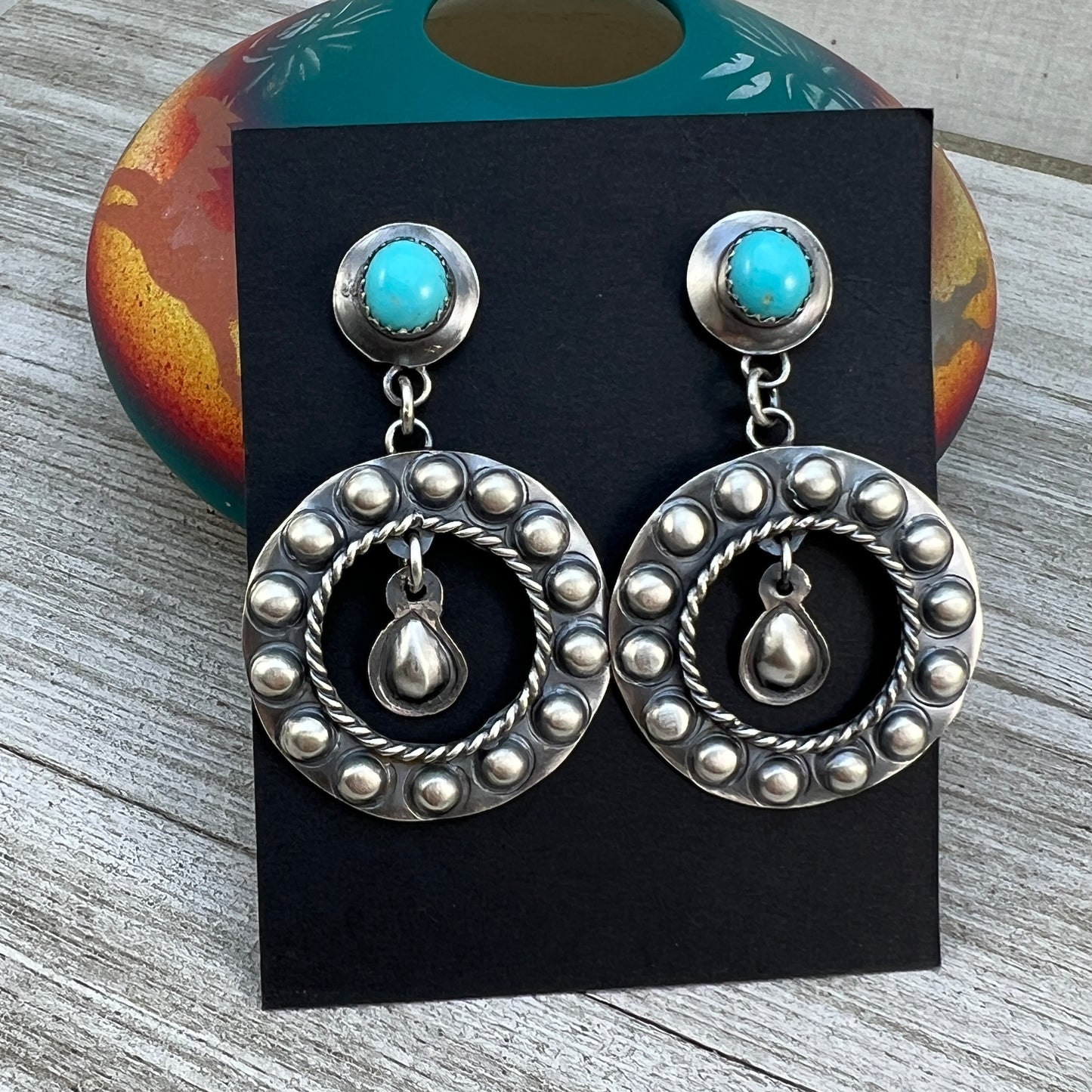 Navajo hand stamped turquoise hoop earrings sterling silver Gabrielle Yazzie