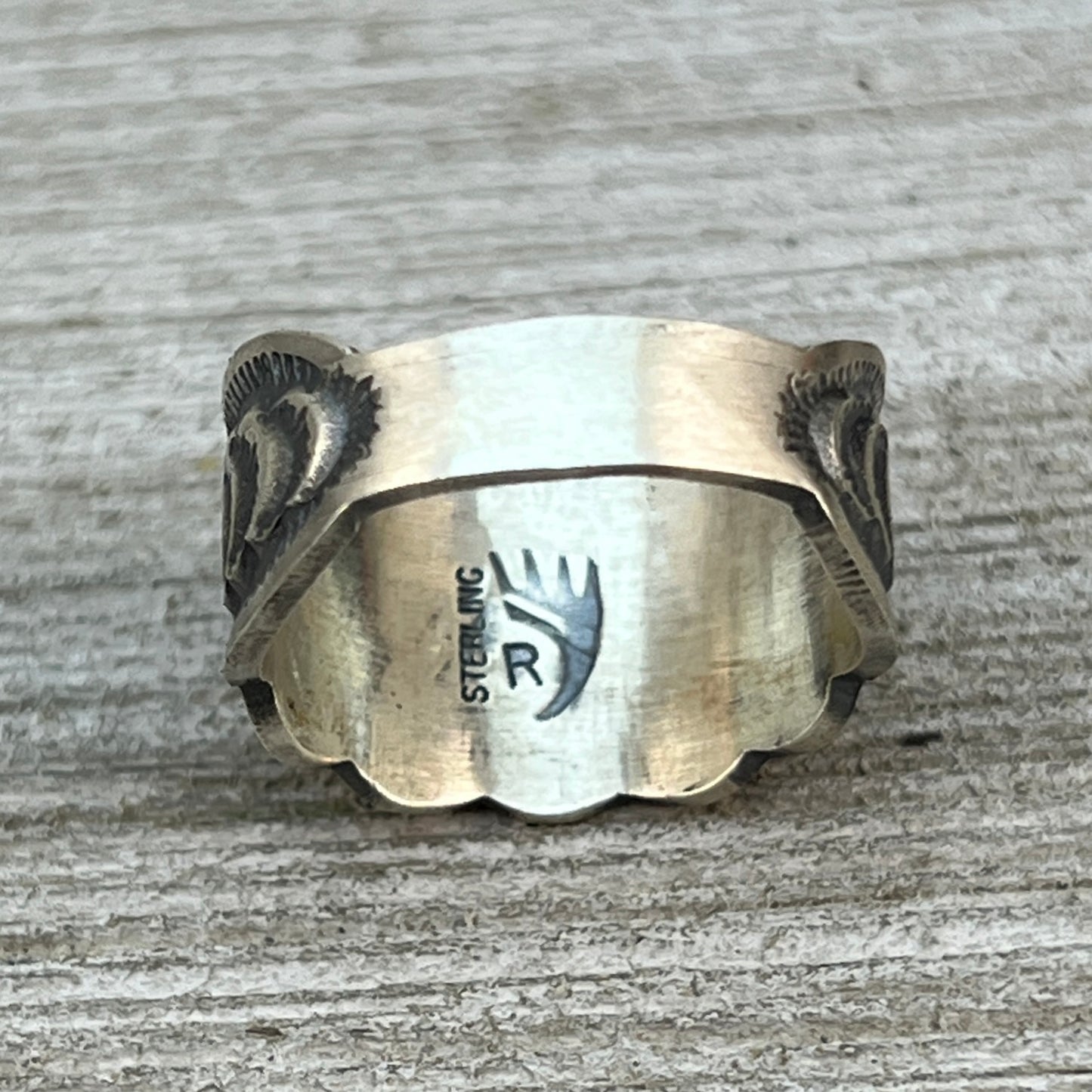 Sterling Silver Stamped Ring, small concho buttons, band by Navajo artist, BENNY RAMONE