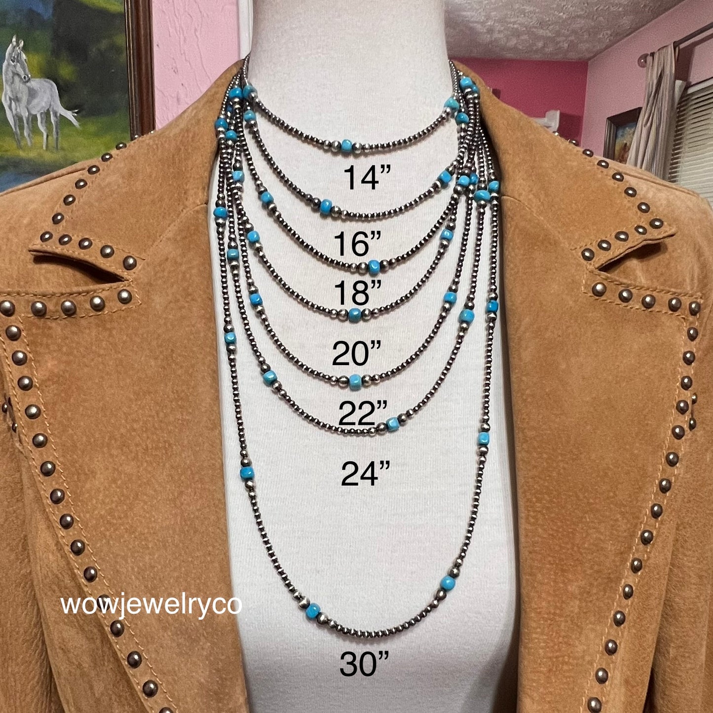 Turquoise with 3mm - 5mm graduated Sterling Silver Pearls Bead Necklace, Oxidized Silver, Western Jewelry Southwest Pearls