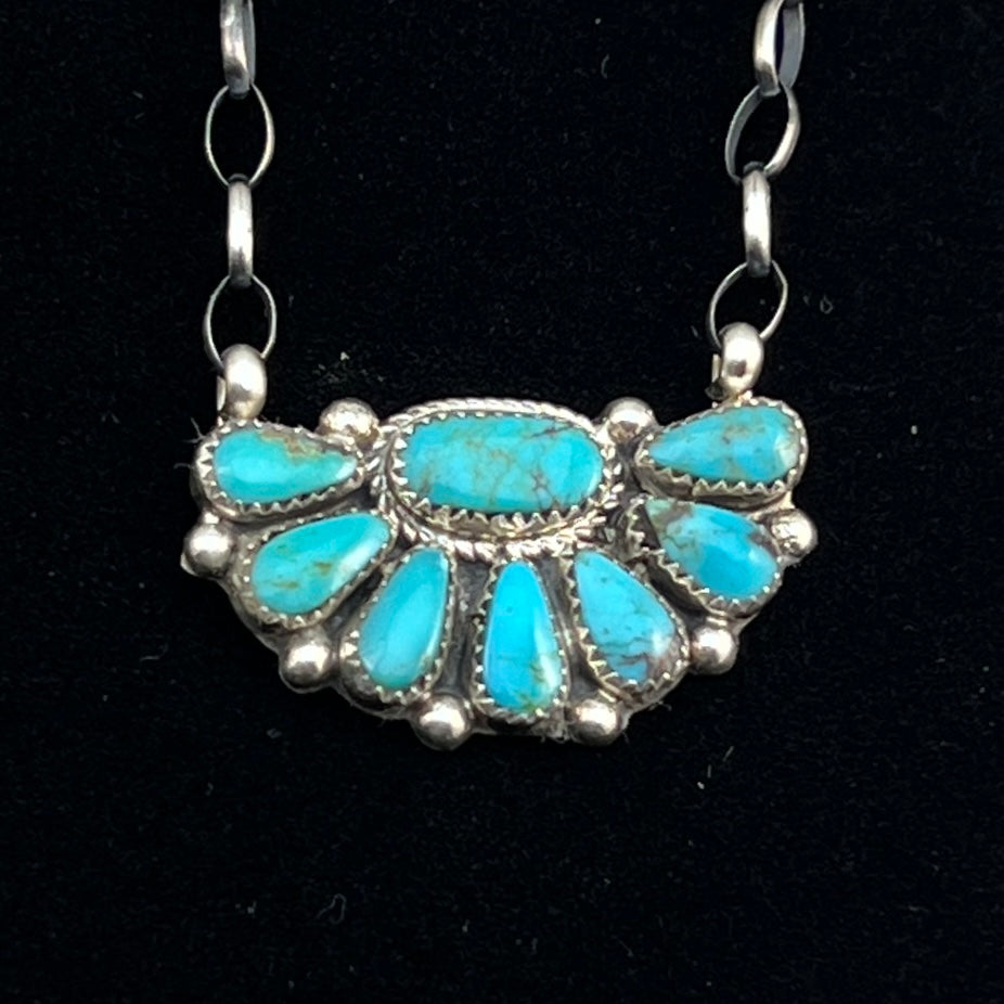 17" Kingman Turquoise half cluster necklace Navajo Alicia Wilson sterling silver