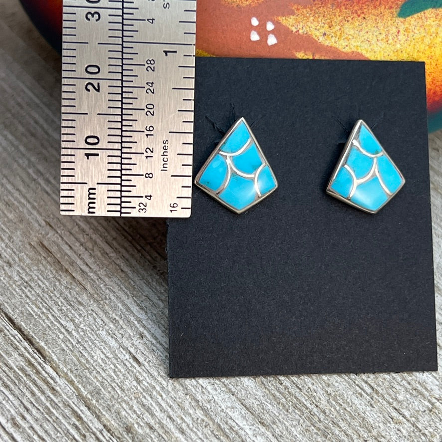 Small Zuni Fish scale inlay turquoise stud post earrings, Orena Leekya 1