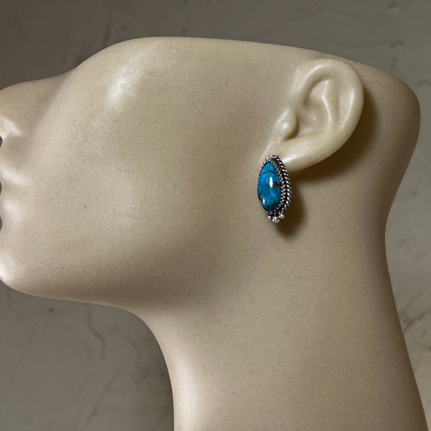 Blue Kingman Turquoise Teardrop stud earrings sterling silver Theresa Smith Navajo 716