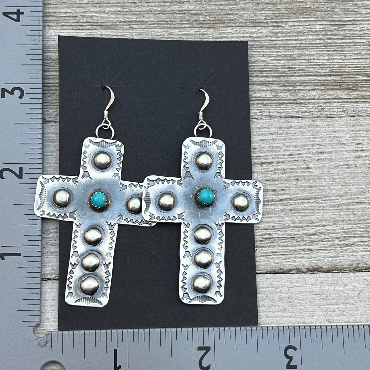 Navajo handmade large cross dangle earrings sterling silver turquoise Tim Yazzie 396