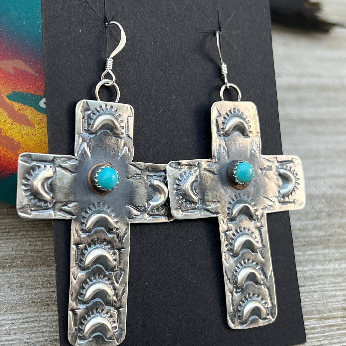 Navajo handmade large cross dangle earrings sterling silver turquoise Tim Yazzie 395