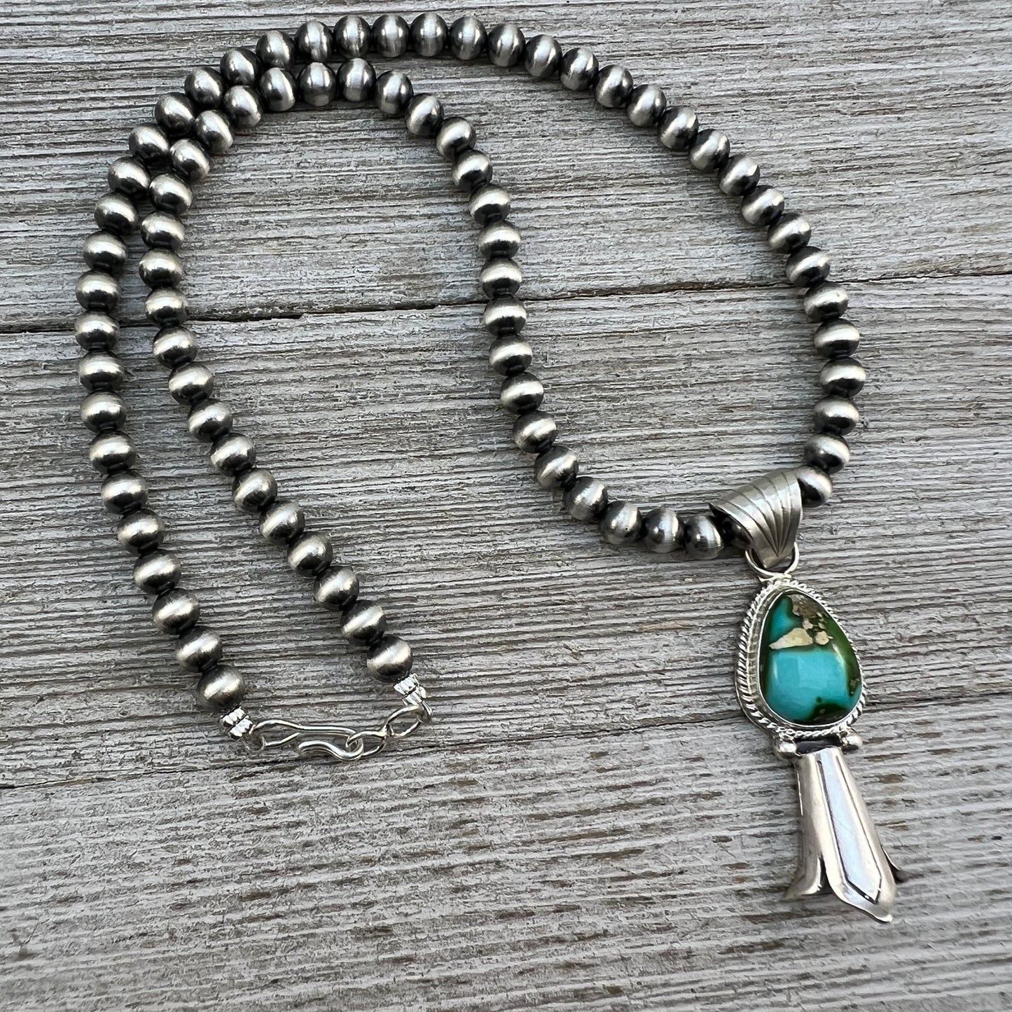 16" sterling silver 5mm bead necklace squash blossom pendant Sonoran Gold Navajo Samuel Yellowhair