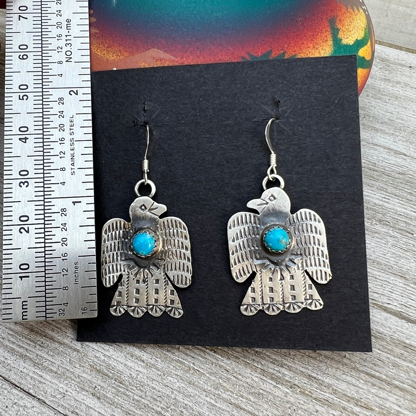 Lightweight rustic Thunderbird dangle earrings turquoise sterling silver Gabrielle Yazzie 4