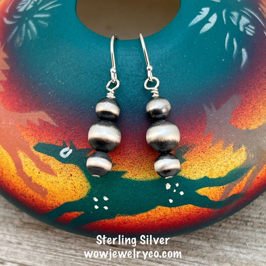Graduated Sterling Silver Oxidized Pearl Earrings, Southwest Silver beads, Western 6mm 8mm