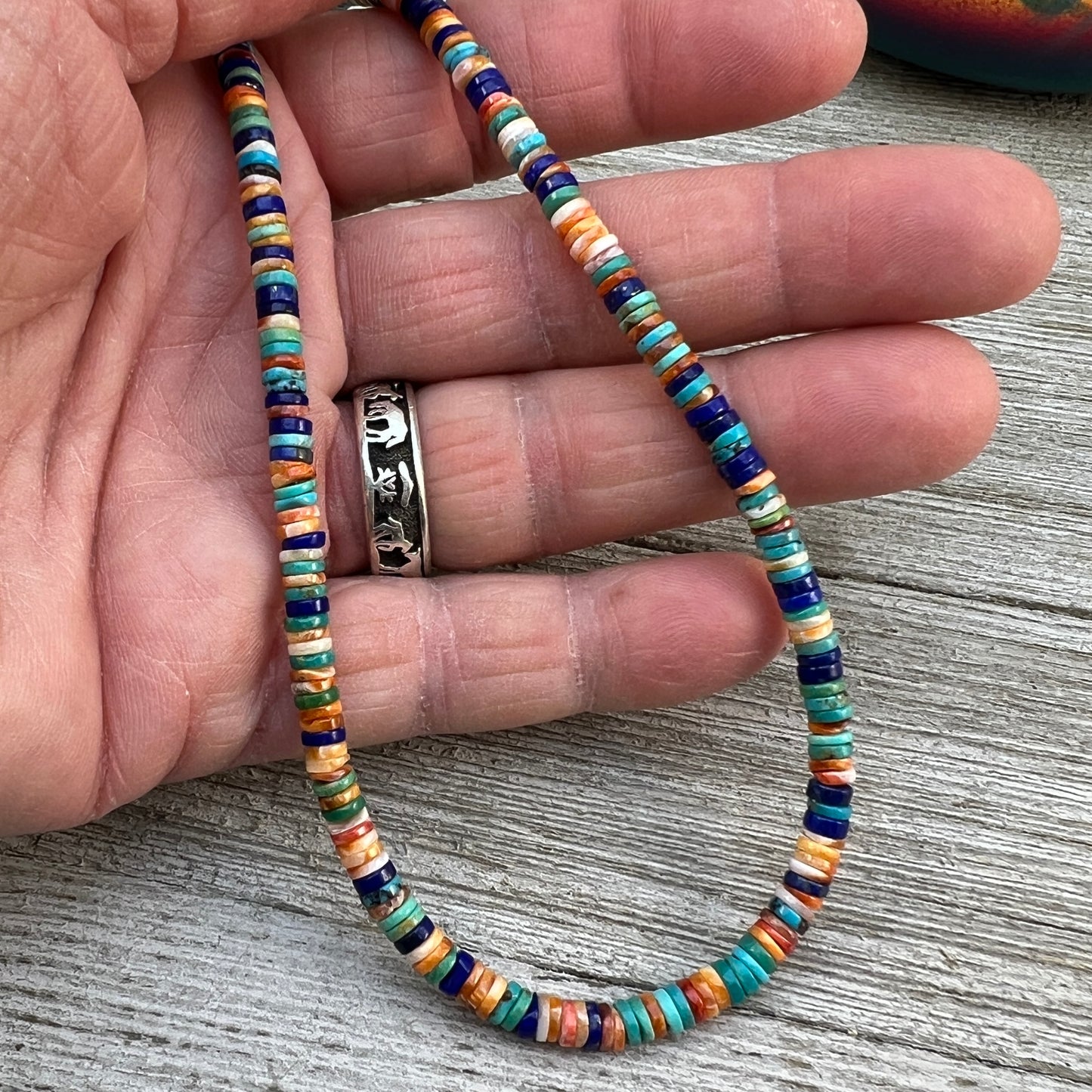 17", 4mm heishi bead necklace choker, blue turquoise lapis red orange spiny oyster shell