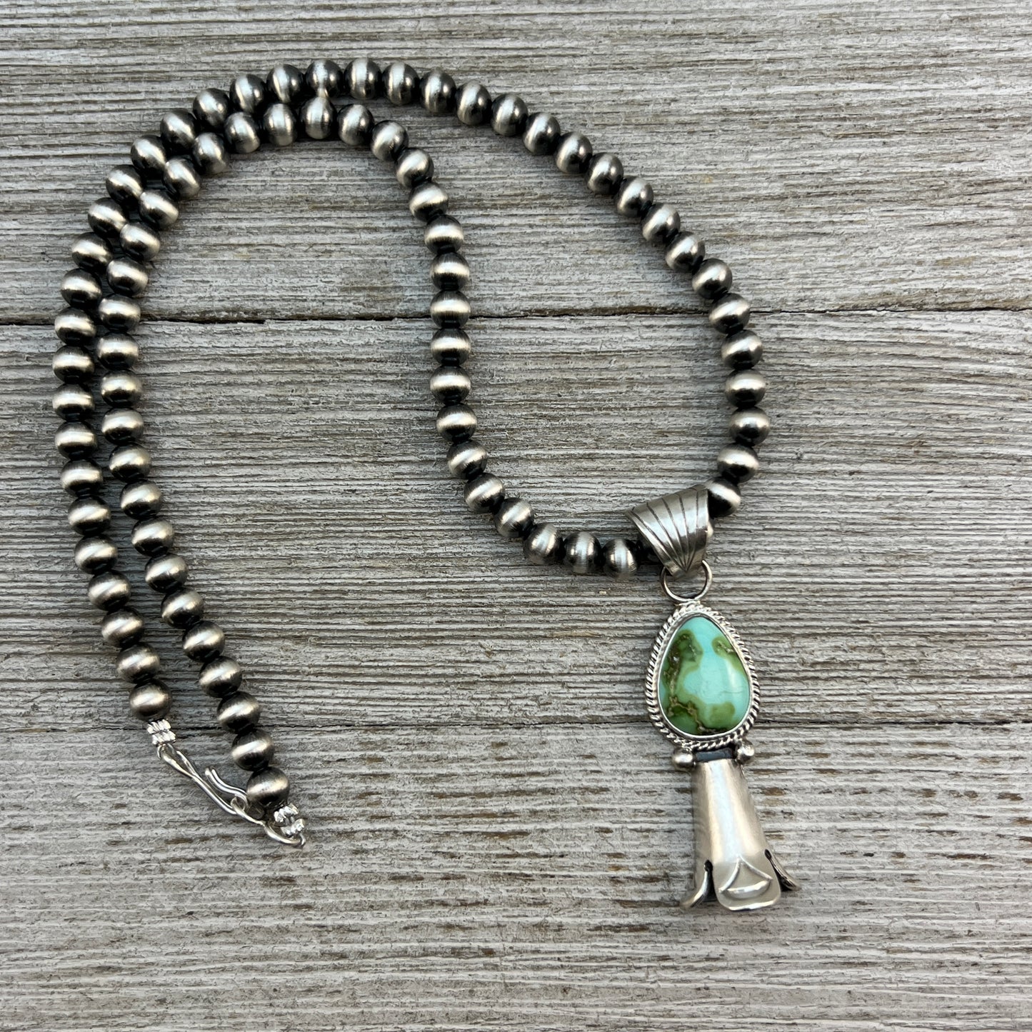 16" sterling silver Sonoran Gold Turquoise squash blossom necklace 5mm beads