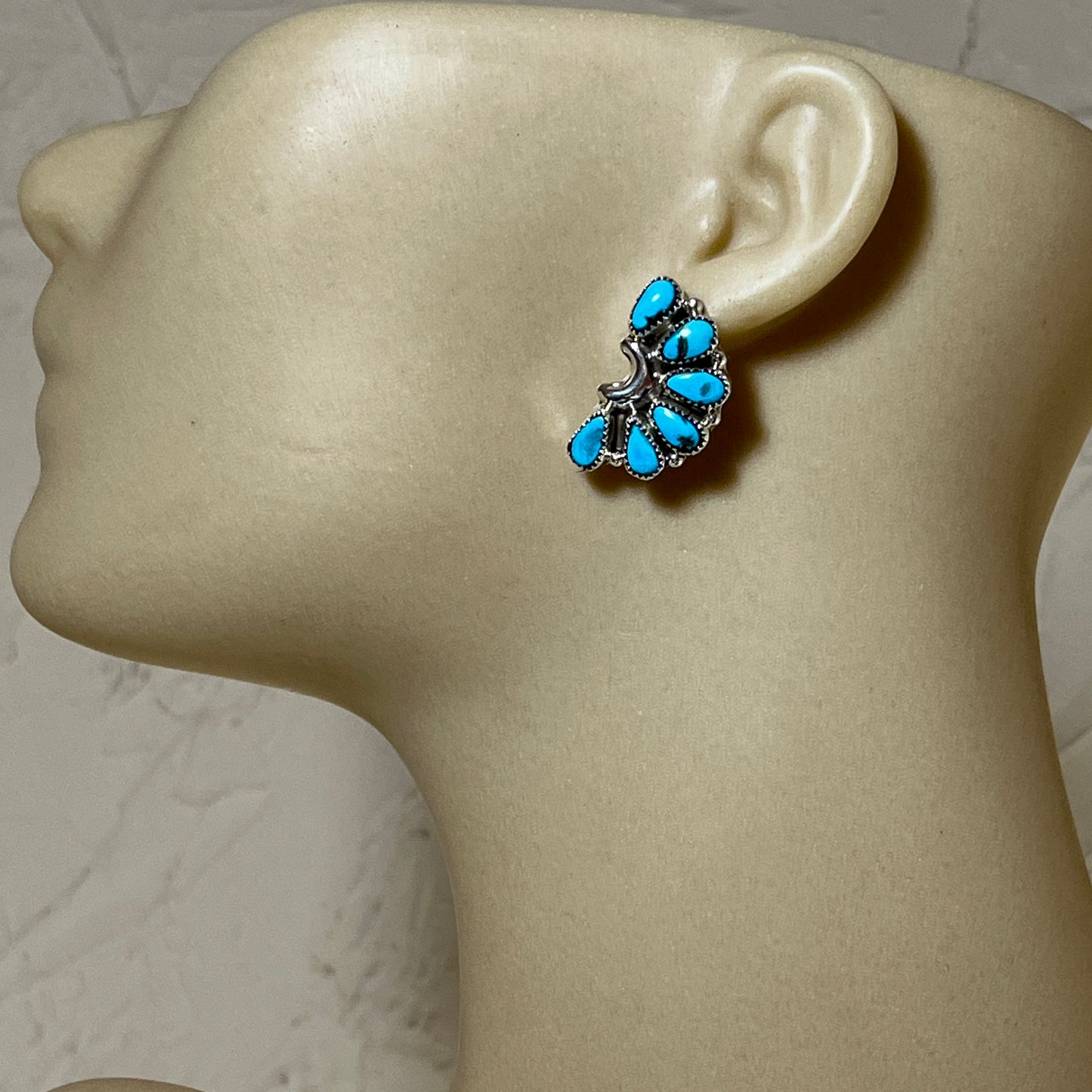 Blue Turquoise half cluster stud Earrings sterling silver Navajo handmade Justina Wilson 1