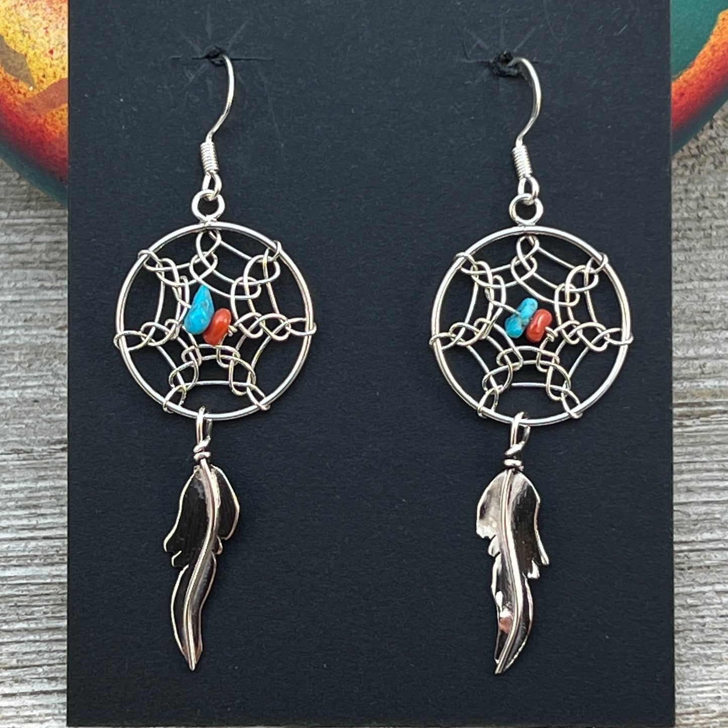 Turquoise Coral Dream catcher Dangle Earrings sterling silver Lorenzo Arviso lightweight