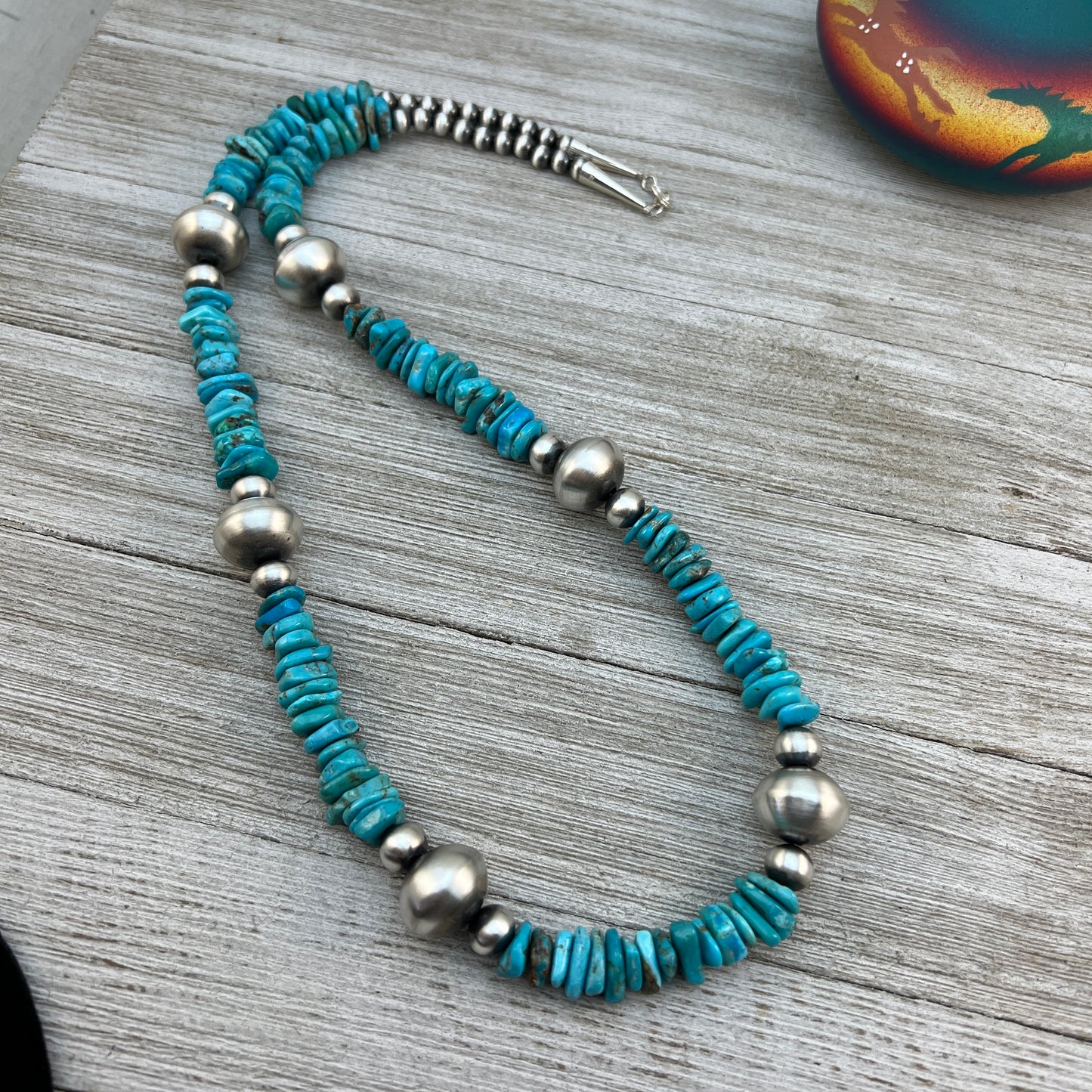 29” long blue turquoise bead nuggets necklace #2, sterling silver handmade Navajo pearls
