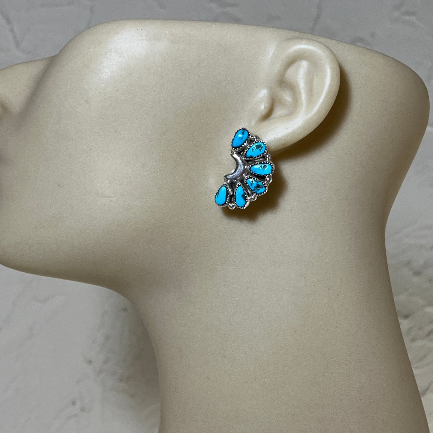 Blue Turquoise half cluster stud Earrings sterling silver Navajo handmade Justina Wilson