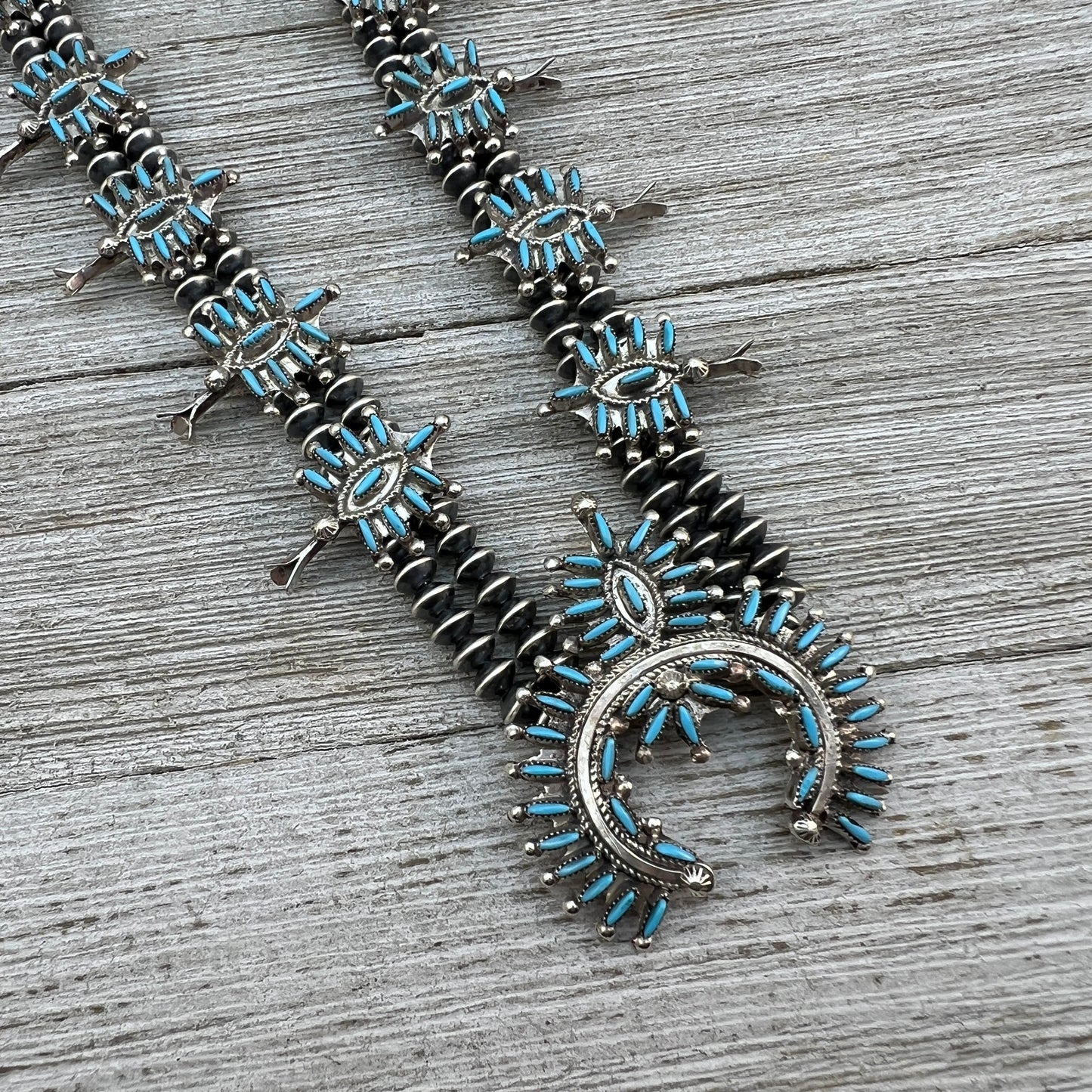 21 1/2" Needlepoint Turquoise Small Squash Blossom Necklace Zuni Renita Luna