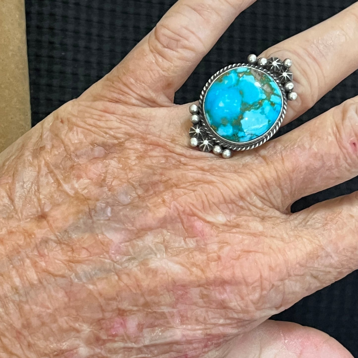 Size 8 Spiderweb Kingman Turquoise Ring Navajo handmade Samuel Yellowhair