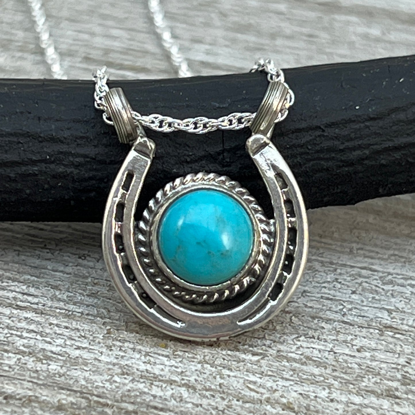 18" Sterling Silver Turquoise Horseshoe Necklace Cowgirl Rodeo Jewelry Annette Chiquito