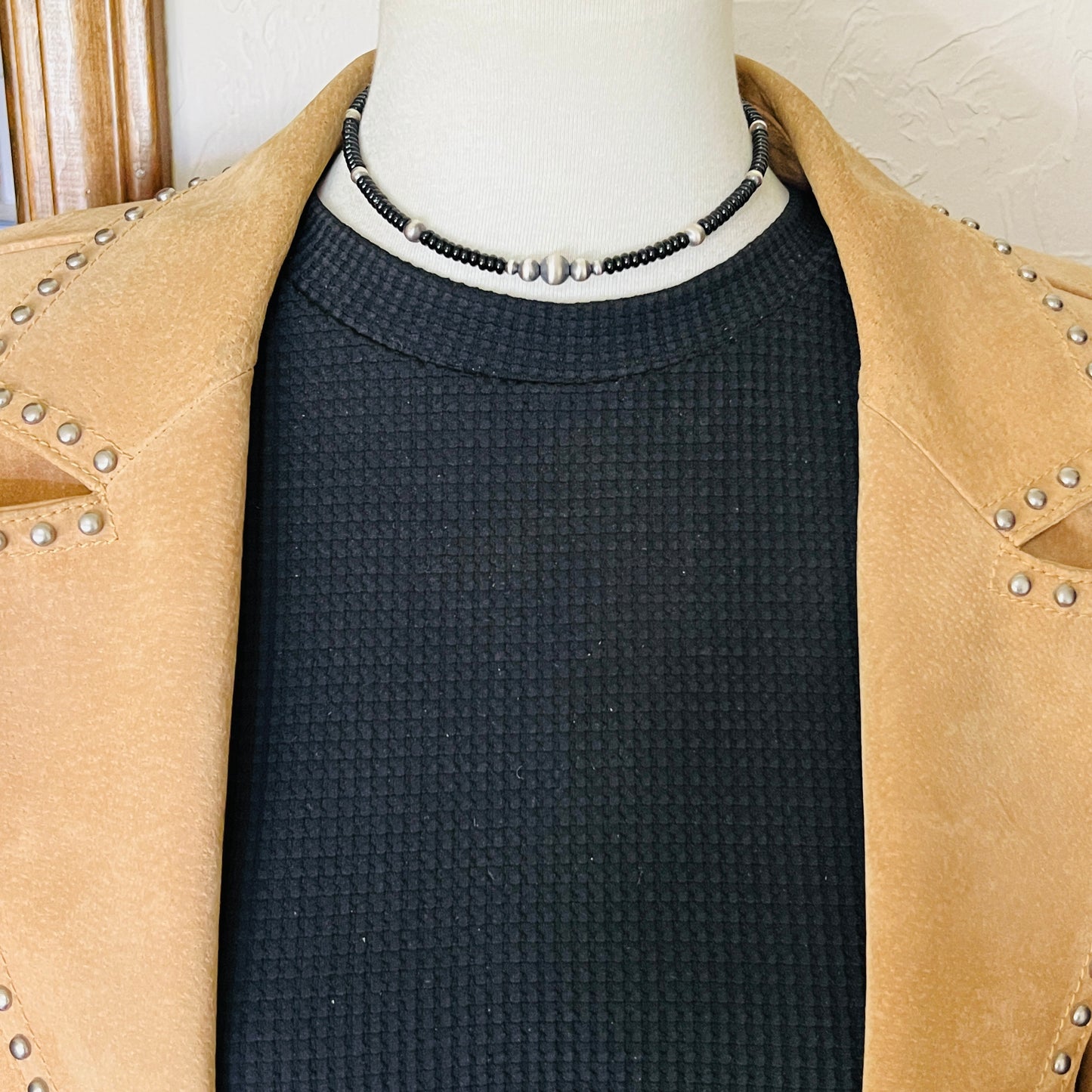 13" 14" 15" 16" 17" adjustable choker, Real Sterling Silver, oxidized, Black Onyx Bead Necklace, Western Boho Pearl
