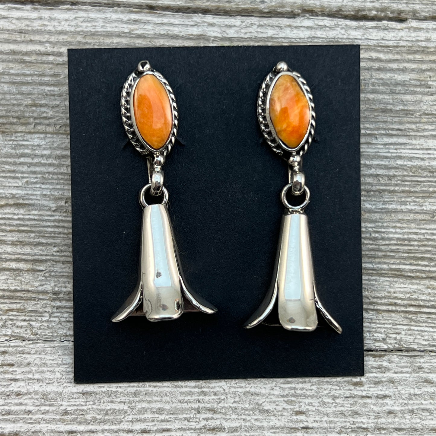 Orange Spiny Squash Blossom dangle earrings sterling silver turquoise Sheena Jack 409