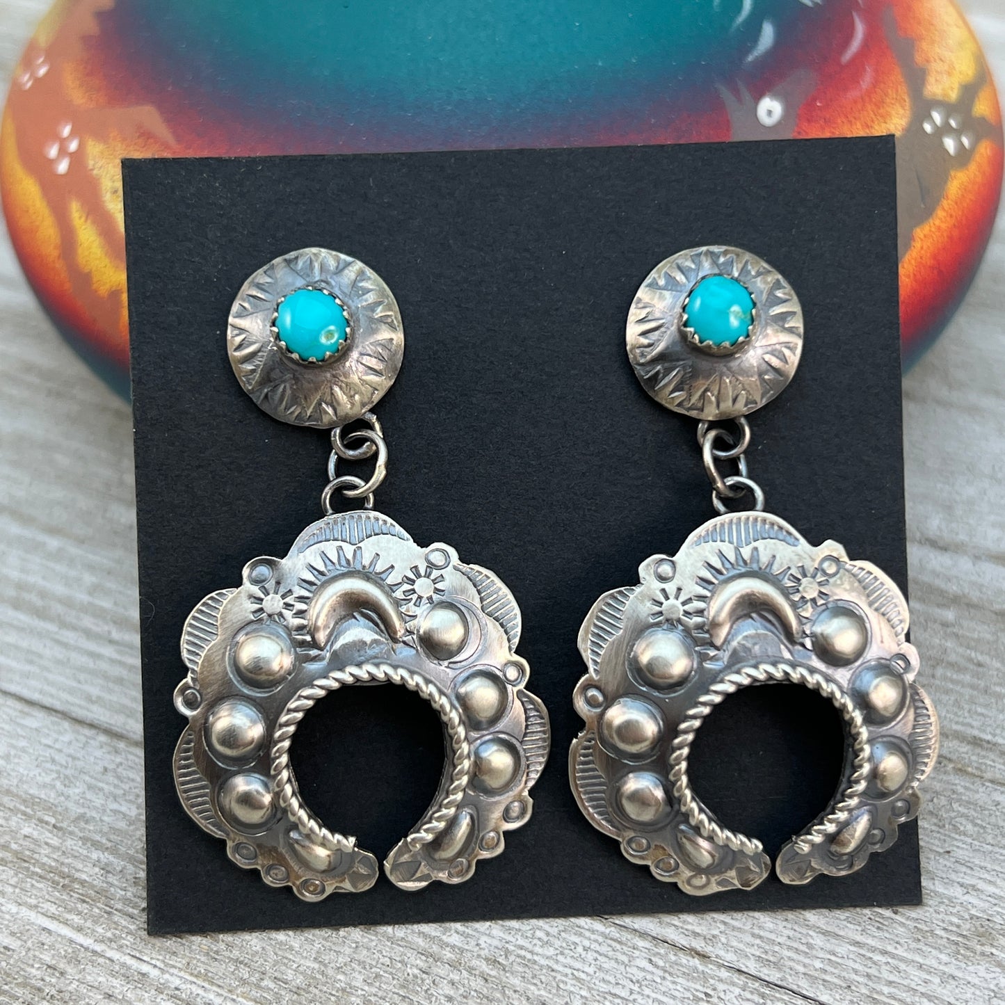Sterling silver Turquoise Hand stamped naja concho earrings, Navajo Gabrielle Yazzie 1