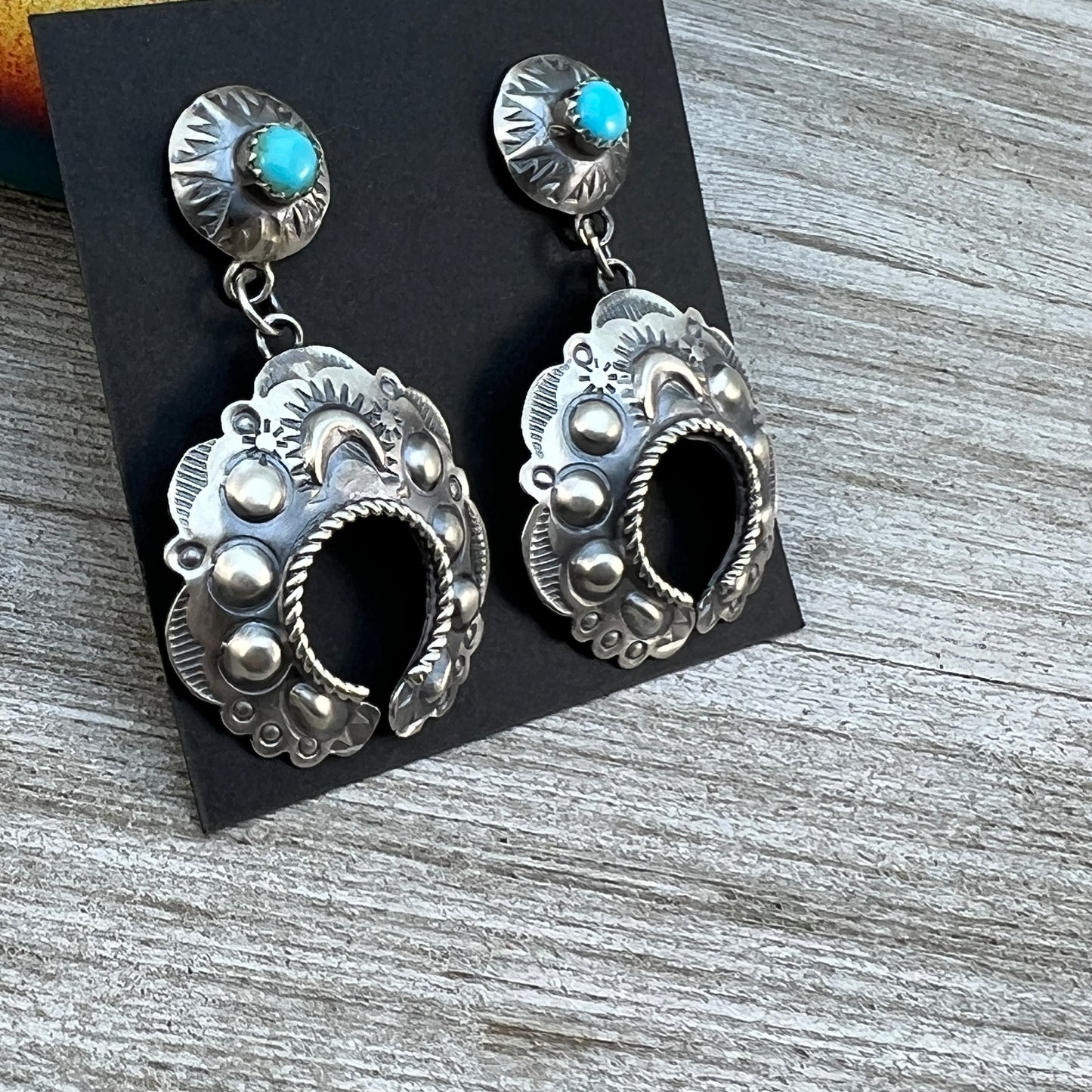 Sterling silver Turquoise Hand stamped naja concho earrings, Navajo Gabrielle Yazzie 3