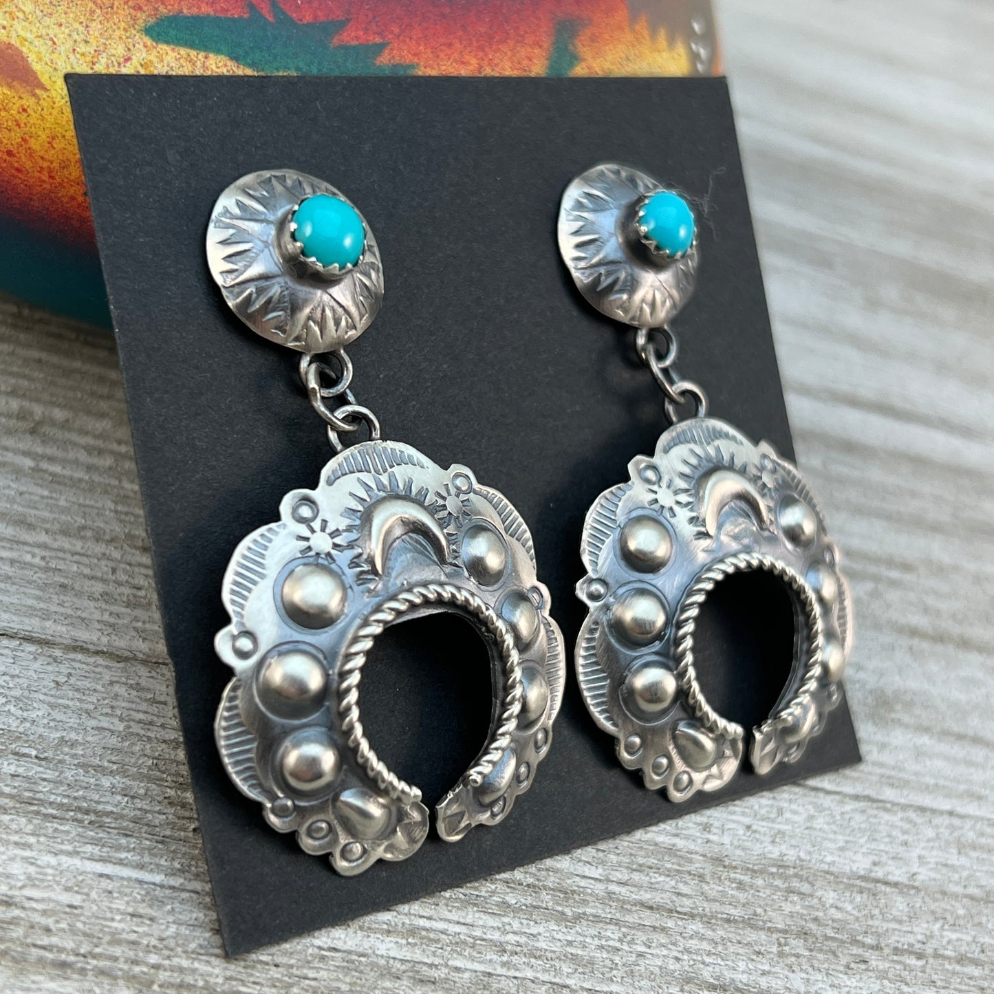 Sterling silver Turquoise Hand stamped naja concho earrings, Navajo Gabrielle Yazzie 2