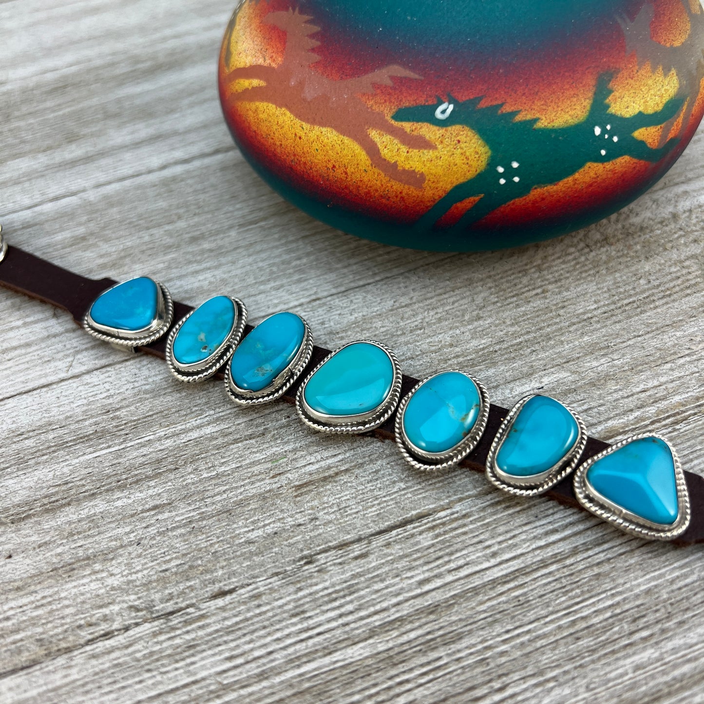 Real Turquoise leather Sterling silver bracelet #2, adjustable Navajo Marlene Ramone