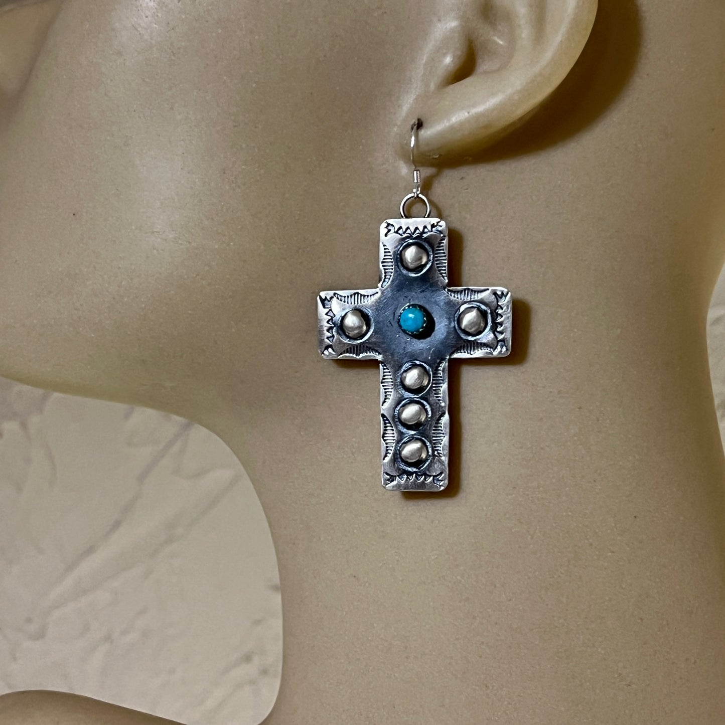 Navajo handmade large cross dangle earrings sterling silver turquoise Tim Yazzie 397