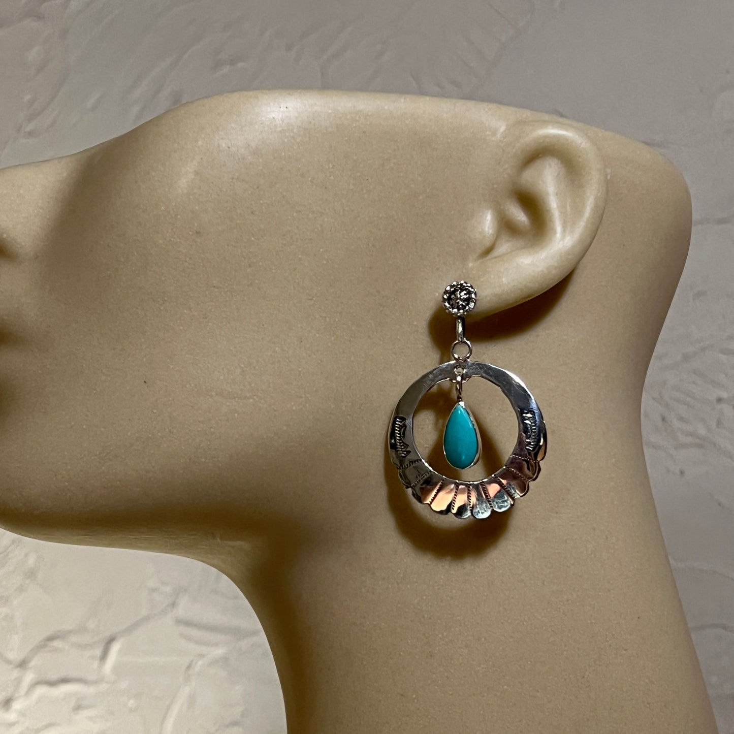 Modern hoop dangle Turquoise earrings sterling silver Navajo handmade Sheena Jack