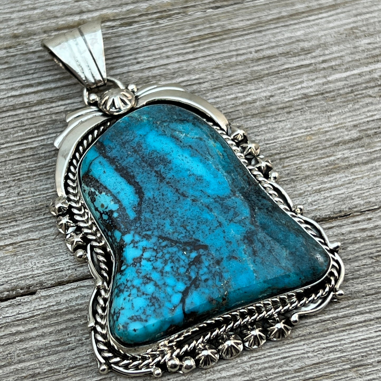 Smokey Blue Kingman Turquoise large Pendant Navajo Rita Long Sterling silver