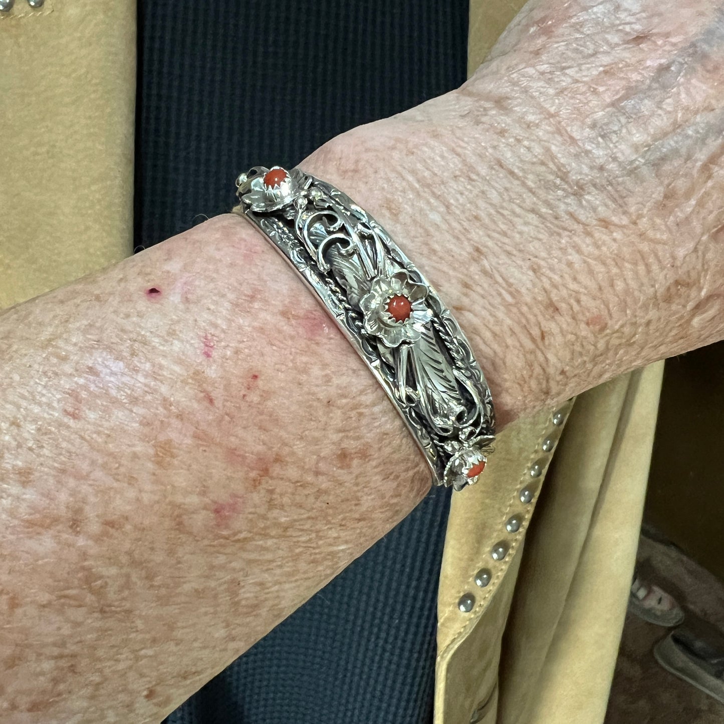 6 1/2" Narrow Floral sterling silver bracelet Navajo handmade Bessie Joe signed red coral