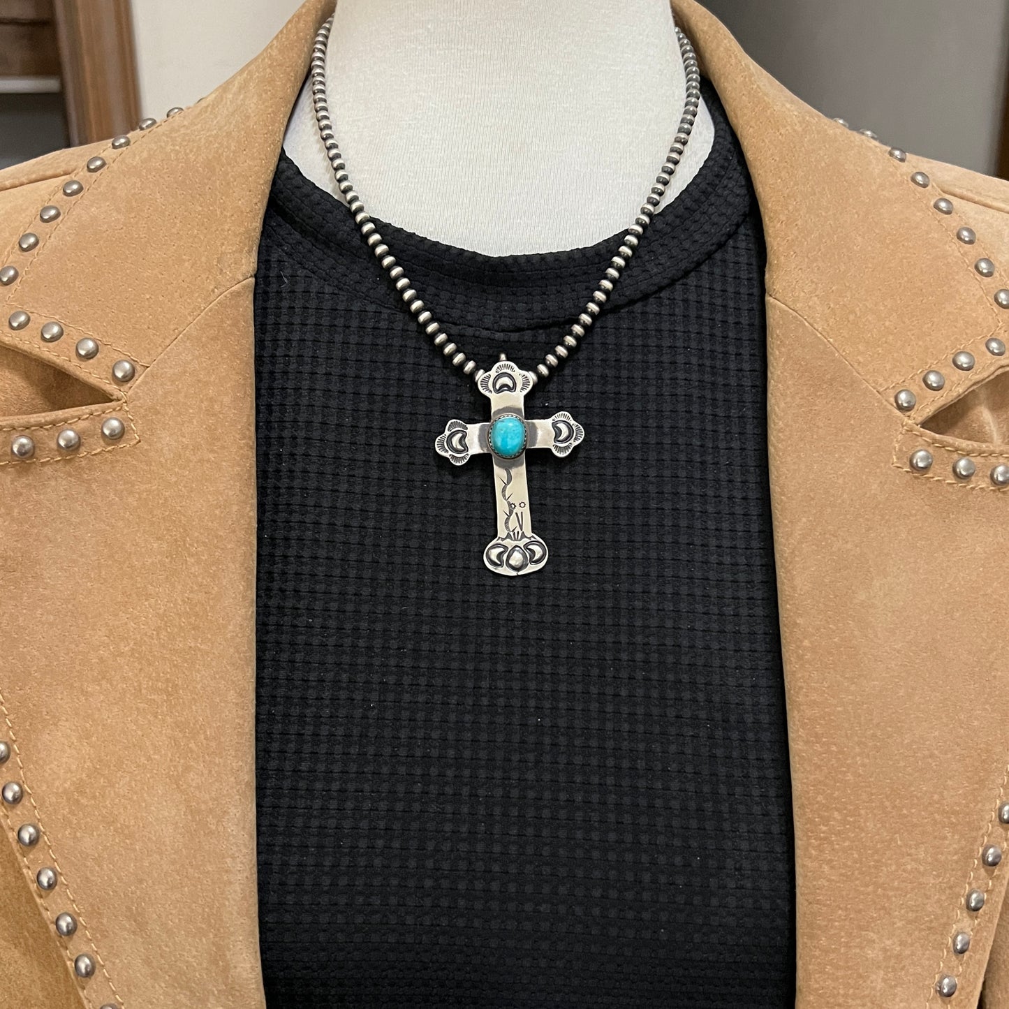 Turquoise Cross Pendant Sterling Silver Navajo handmade Martha Cayatineto