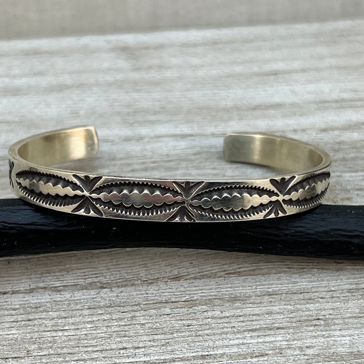 7.25" Sterling silver narrow deep stamped Cuff Bracelet Navajo Jerrold Tahe men's boho